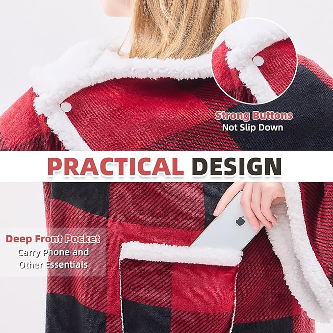 IFNOW Sherpa Wearable Blanket with Sleeves for Women Men Adults, Cozy Wearable Blanket with Arm and Pocket, Warm Full Body TV Wrap Throw blanket, Soft Robe Blanket as Gifts for Mom Wife, Plaid