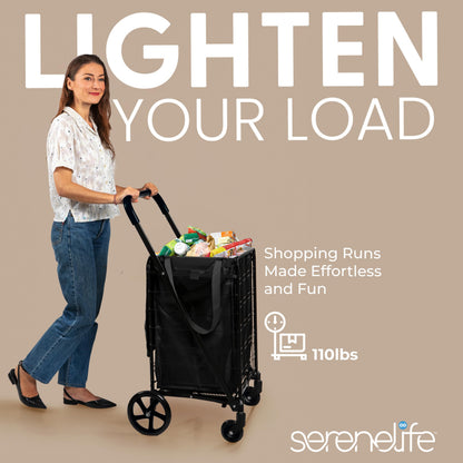 SereneLife Large Folding Utility Shopping Cart with Removable Liner – Heavy Duty, 360° Swivel Wheels, 110 lb Capacity, Portable for Groceries, Laundry, Luggage, and More (Black)