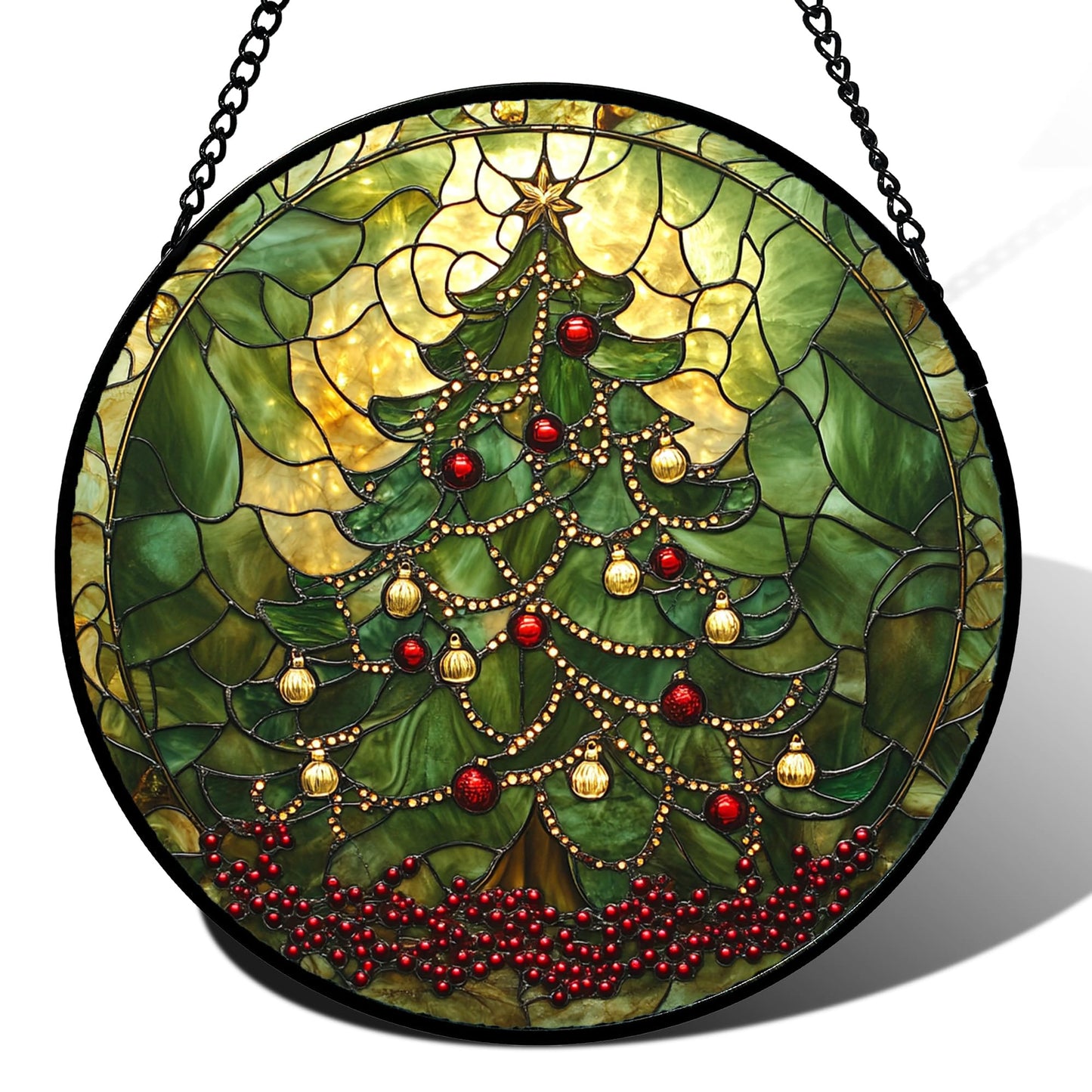 Stained Glass Window Hanging - Retro Green Christmas Tree Suncatcher for Doors Home Christmas Decoration Sun Catcher Thanksgiving New Year Birthday Gifts for Women Men Mom Nana 9.8 in
