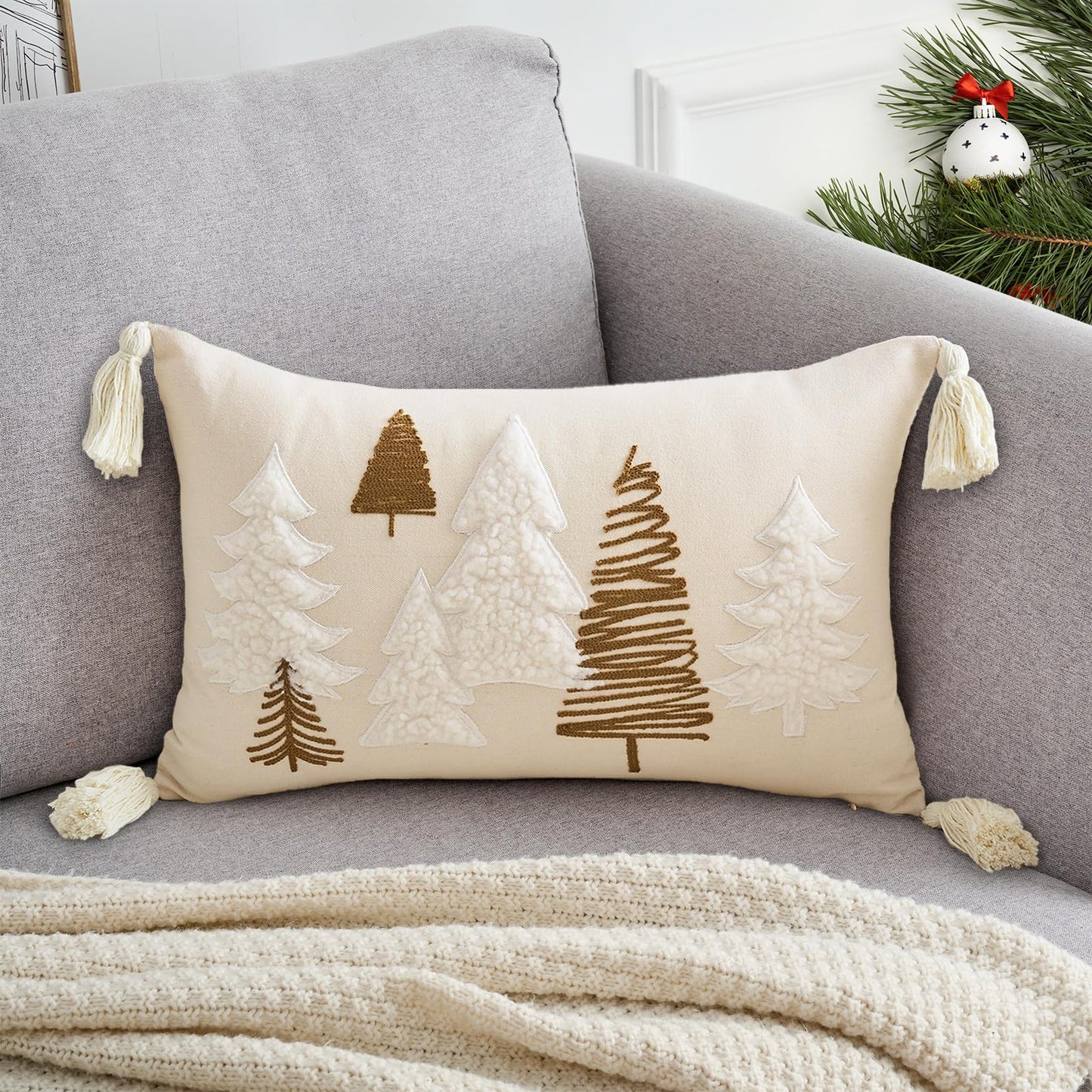 TAJWE Christmas Pillow Cover 12x20 Inch Soft Cute Pellet Embroidery Trees Decorative Pillowcase with Tassel Farmhouse Xmas Winter Holiday Lumbar Cushion Case for Sofa Couch Home Decor