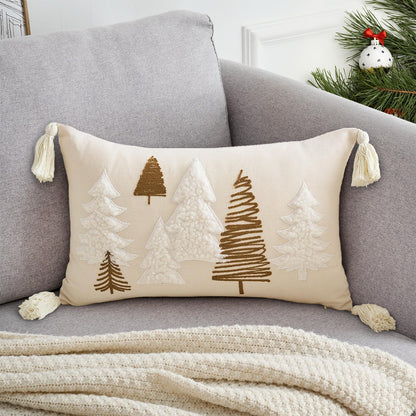TAJWE Christmas Pillow Cover 12x20 Inch Soft Cute Pellet Embroidery Trees Decorative Pillowcase with Tassel Farmhouse Xmas Winter Holiday Lumbar Cushion Case for Sofa Couch Home Decor