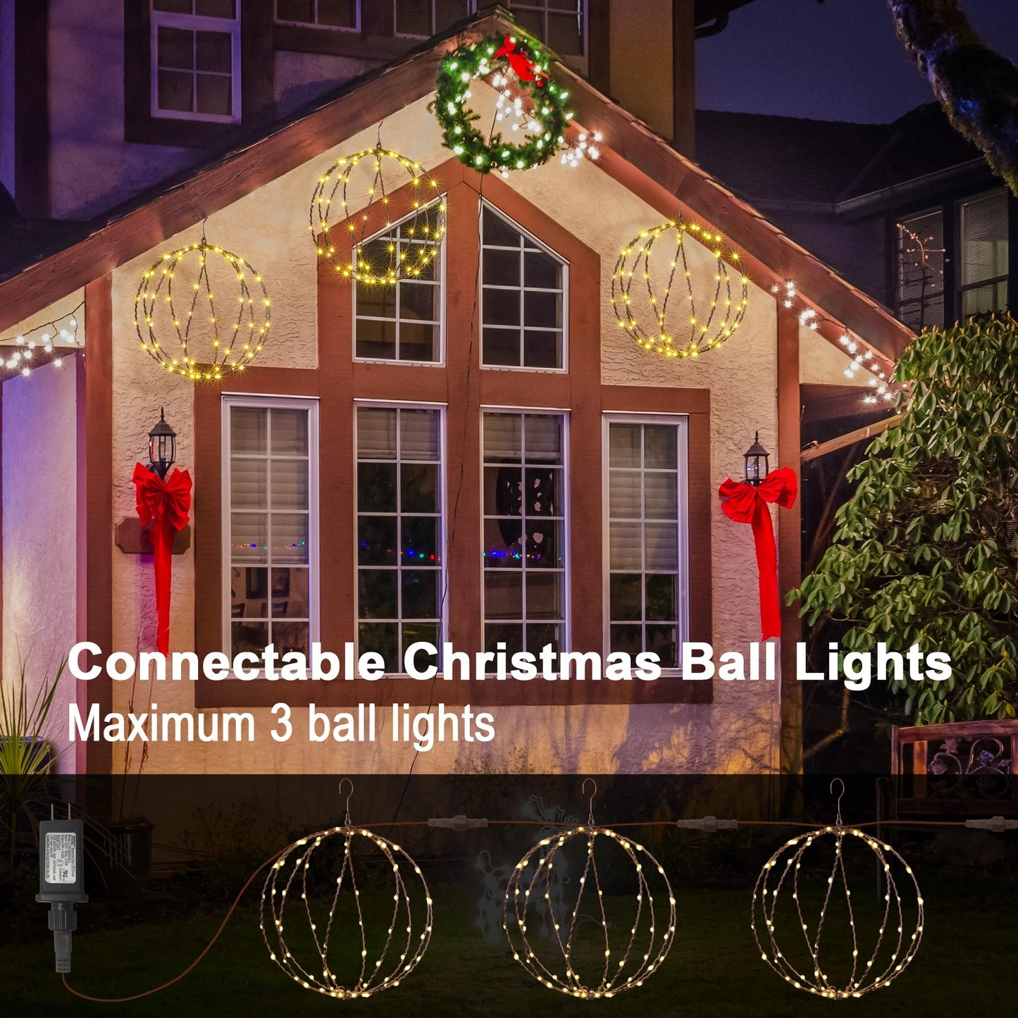 LIGHTSHARE 248LED 12IN+16IN+20IN Light Ball Yard Decoration Pathway Lights Brown Sphere Light Fold Flat Metal Frame Indoor Outdoor Waterproof Garden Lights, Plug in(Set of 3)