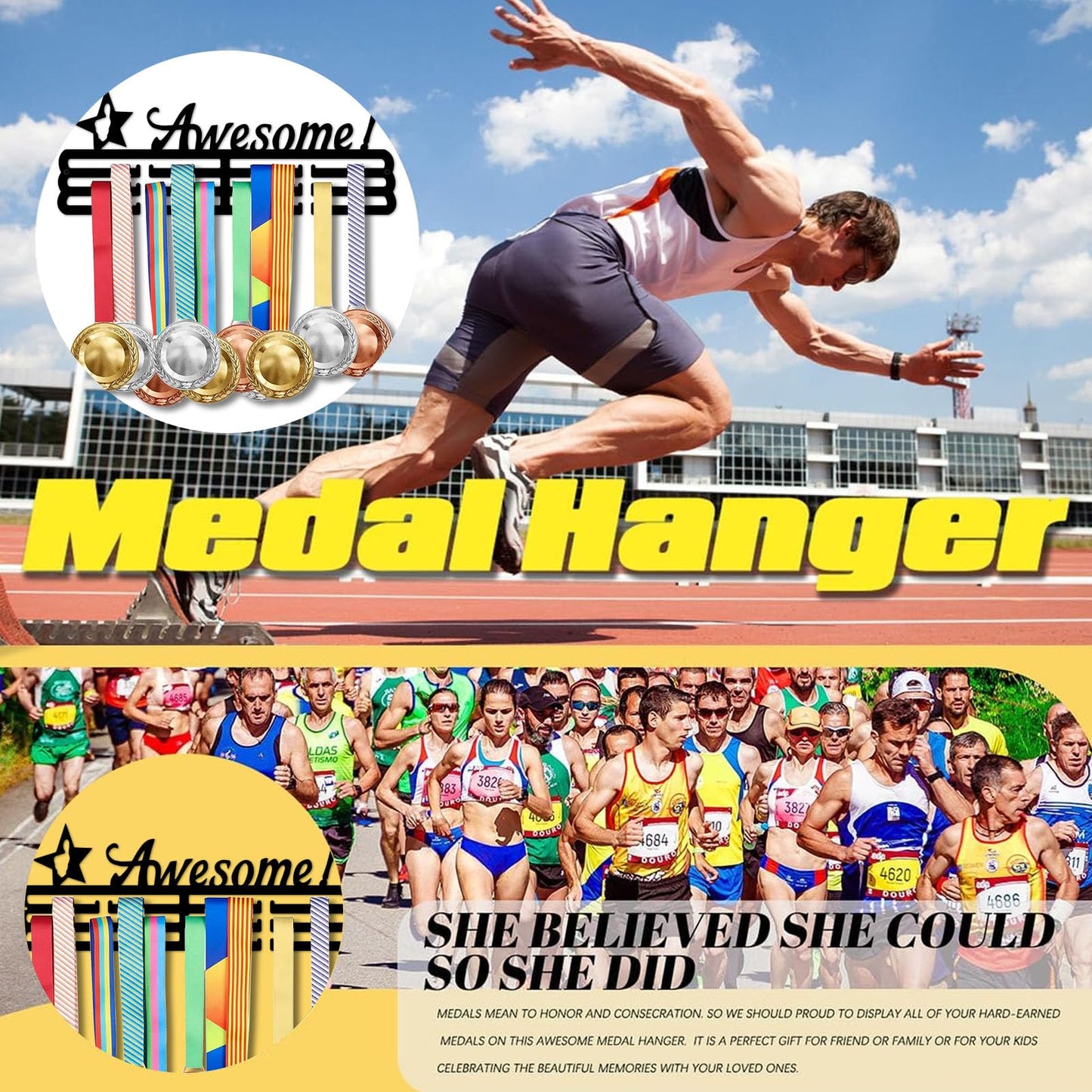 Resama Awesome Medal Hanger Holder Display Rack for Awards Ribbons Personalized Medal Sports Themed Race Ribbon Holder for Wall Metal Display Men Boy Girl Kid