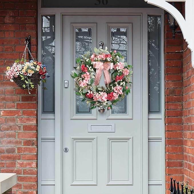 22” Summer Wreath with Hydrangea Lamb's Leaves, Summer Floral Wreaths with Ribbon Bow for Front Door Wall Window and Holiday Festival Party Banquet Wedding Decor