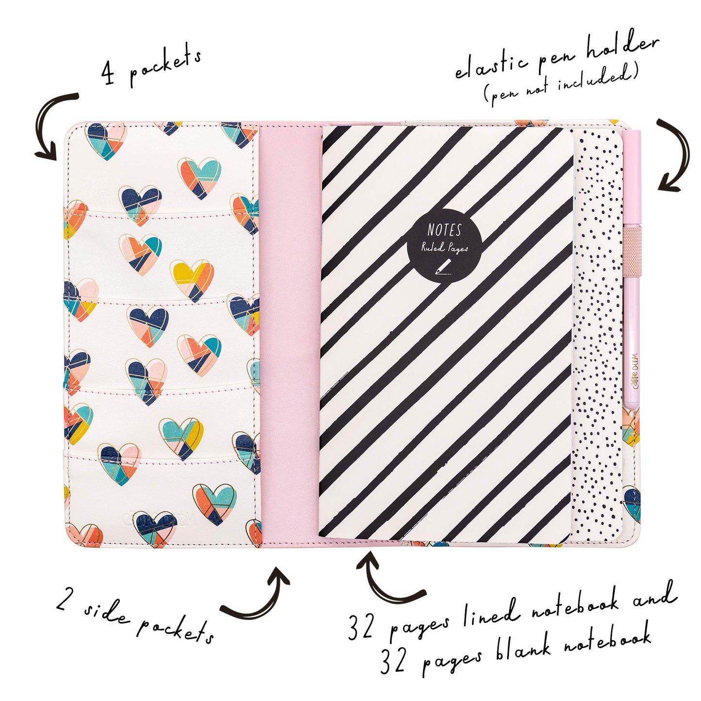 Pukka Pad, Carpe Diem Refillable Traveler’s Notebook Cover – Faux Leather Portfolio with Blank and Lined Notepads – Includes 6 Pockets, Pen Loop, and Elastic Closure – 8.5 x 5.5 Inches, Ballerina Pink