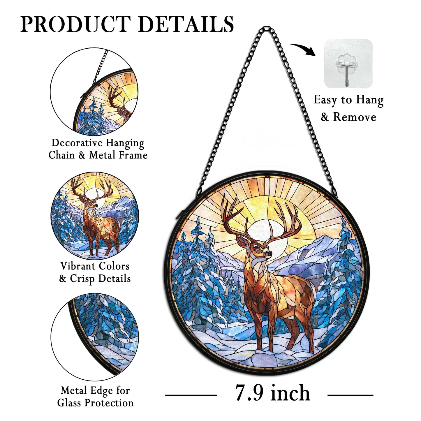 cvjutf Winter Wonderland Christmas Deer Suncatcher Stained Glass Window Hanging Decorstions, Landscape Stained Glass Wall Decor, Winter Solstice Gifts, Forest Garden Sun Catchers Window Art, 7.9x7.9In