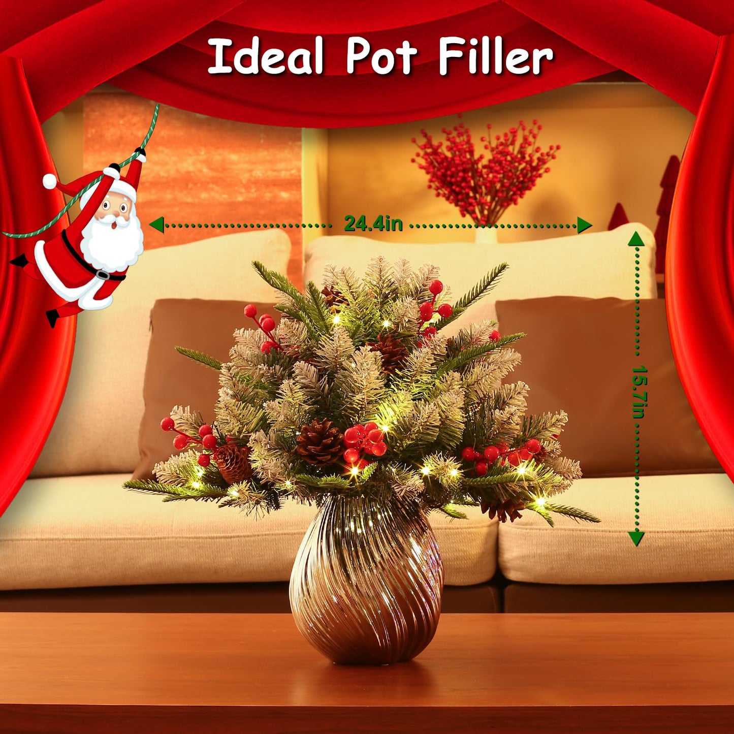 JOYHALO 2 Pack Set 22Inch Christmas Urn Filler with 40 Warm White Lights, Christmas Pot Fillers with White PVC&PE Branches, Outdoor Christmas Trees for Porch Pathway Entryway Yard Decorations
