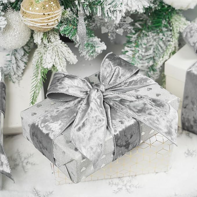 MEEDEE Silver Velvet Ribbon - 2.5 Inch Wired Velvet Crushed Silver Christmas Ribbon, 10 Yards for Tree Decoration, Wreath Supplies, Crafts Bow Making