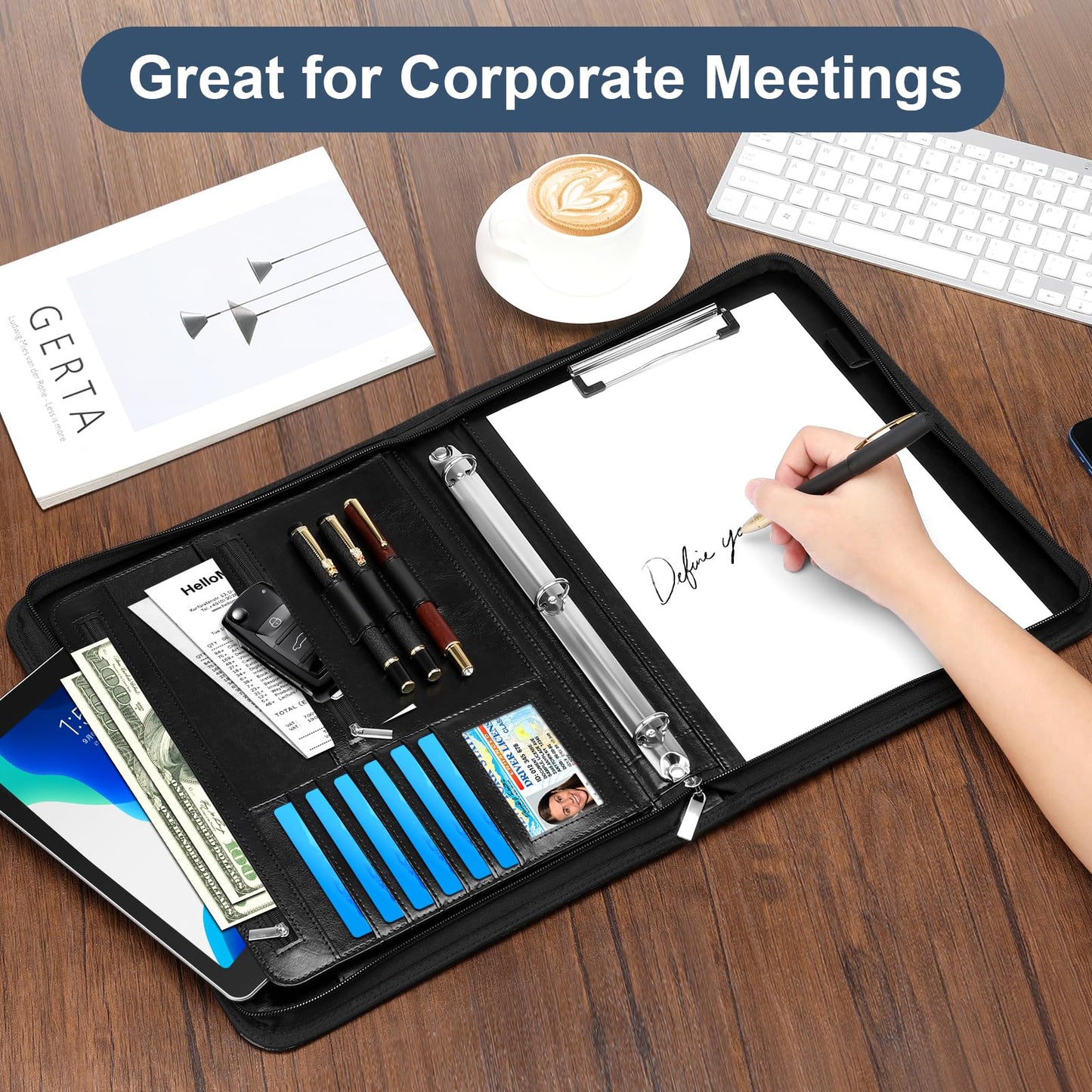 Padfolio Portfolio Organizer Binder with Zipper and Hidden Handle, PU Leather Portfolio Folder for Documents, Business Card Holder, Notepad Padfolio for Men&Women (Black)
