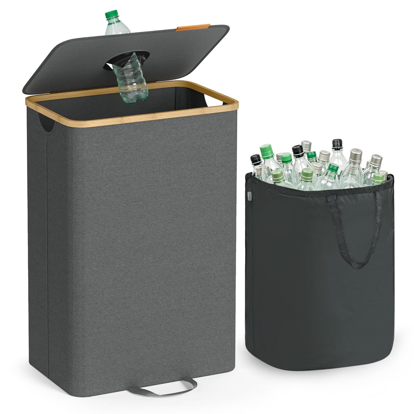 SONGMICS Recycling Bin for Kitchen 26.4 Gallon. Bottle Recycling Container, Collection Bin, for Metal, Plastic, Paper, Glass, Inner Bag with Handles, Kitchen, Slate Gray and Natural Beige URRB509G01