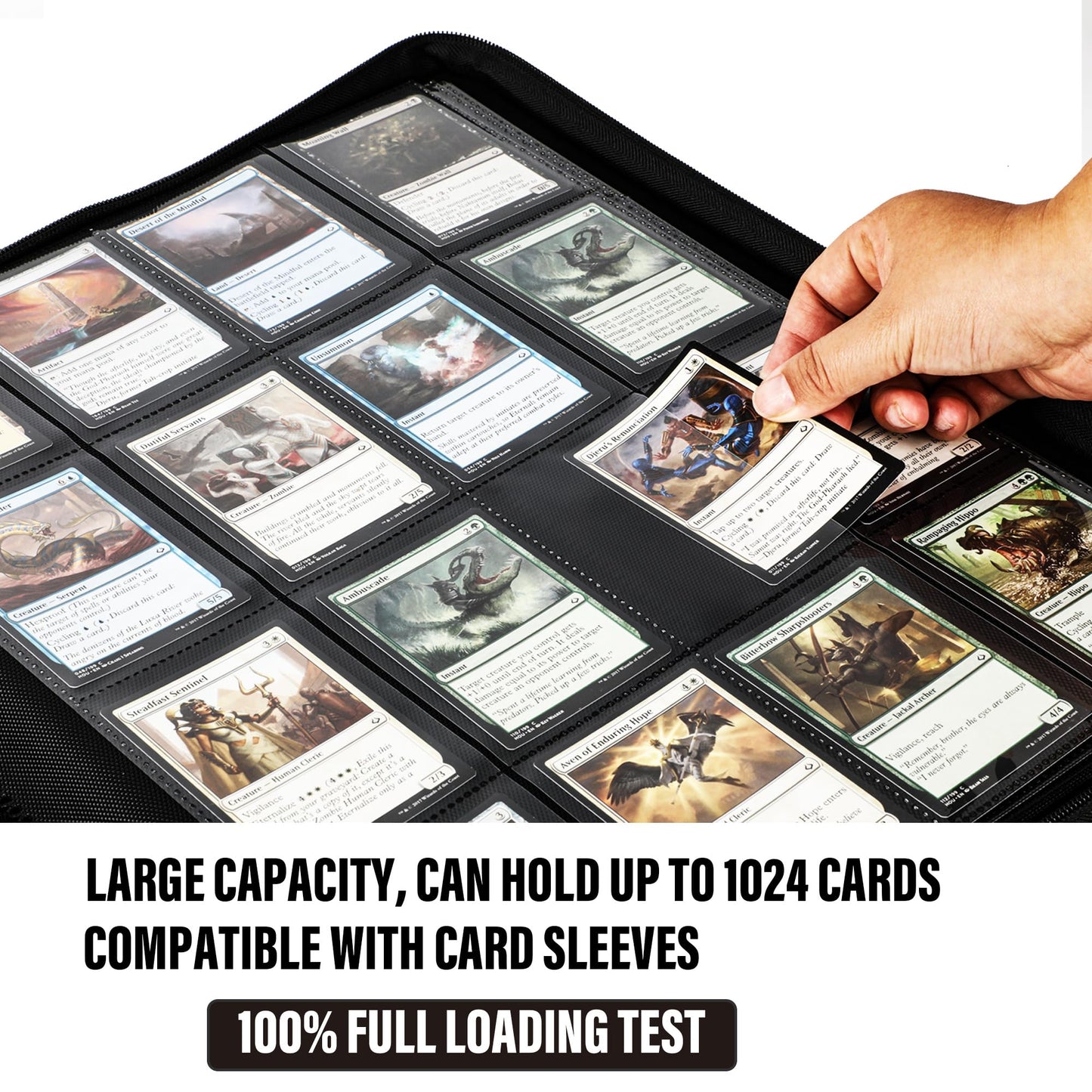 KarlyPro Premium 1000+ Pockets Card Binder, 16-Pocket Ringless Trading Card Album Folder Tag Design -Double Side Loading UltraSonic-1024 Tech Zip Binder for TCG-Black