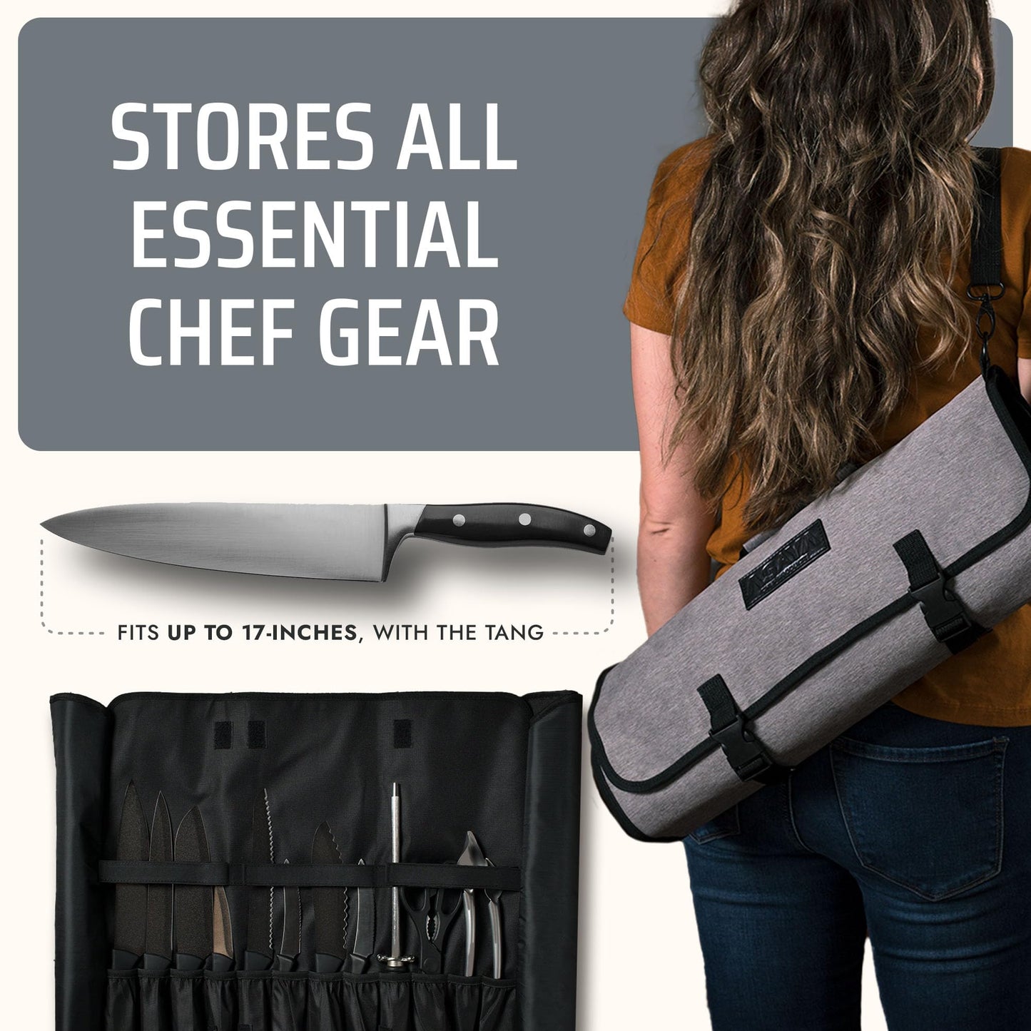 Asaya Waxed Nylon Chef Knife Roll Bag with 20 Slots and Zippered Pockets - Professional Chef Knife Bag & Storage Case, Tool Carrier with Shoulder Strap - Knives Not Included (Grey)