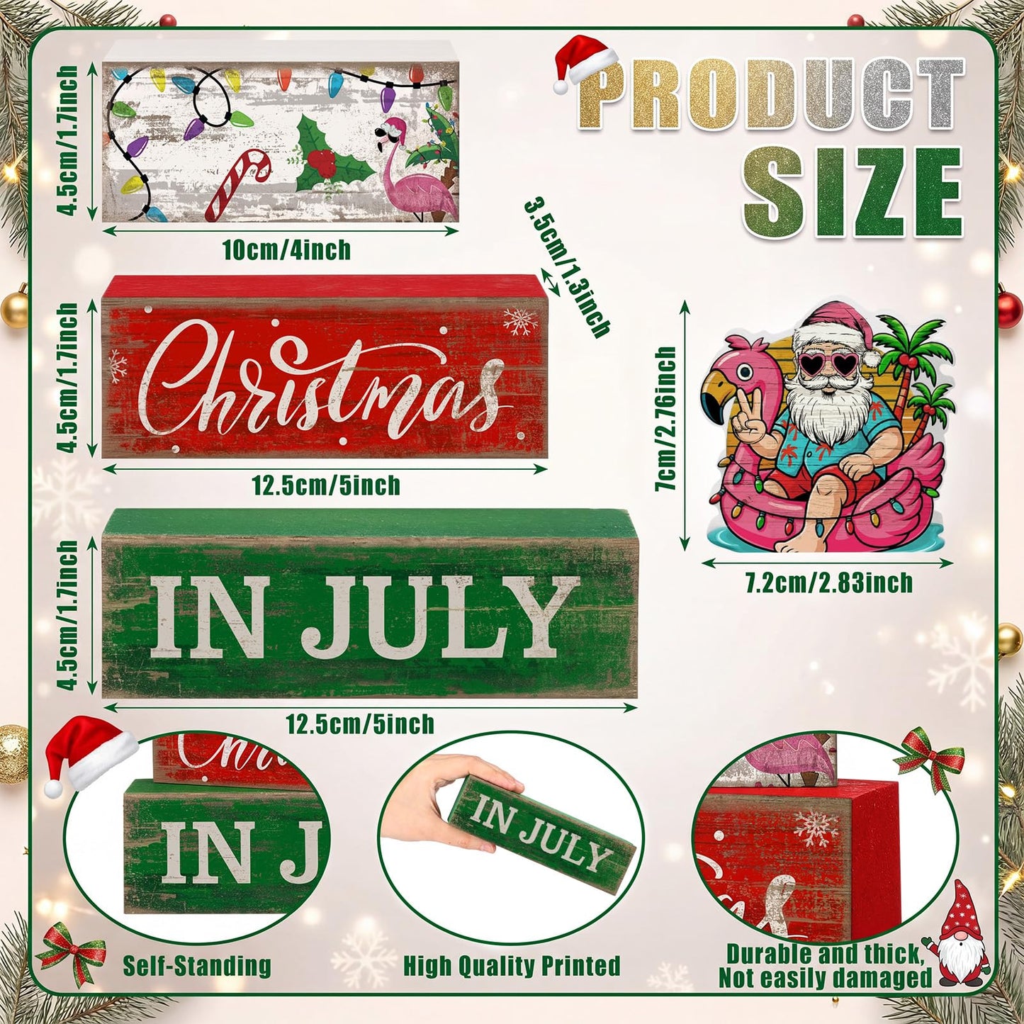 Lineshading 4 Pcs Summer Christmas in July Wooden Table Decoration Tropical Christmas Tiered Tray Decor Santa Claus Flamingo Beach Party Supplies Xmas Table Centerpiece Sets for Shelf Home Office
