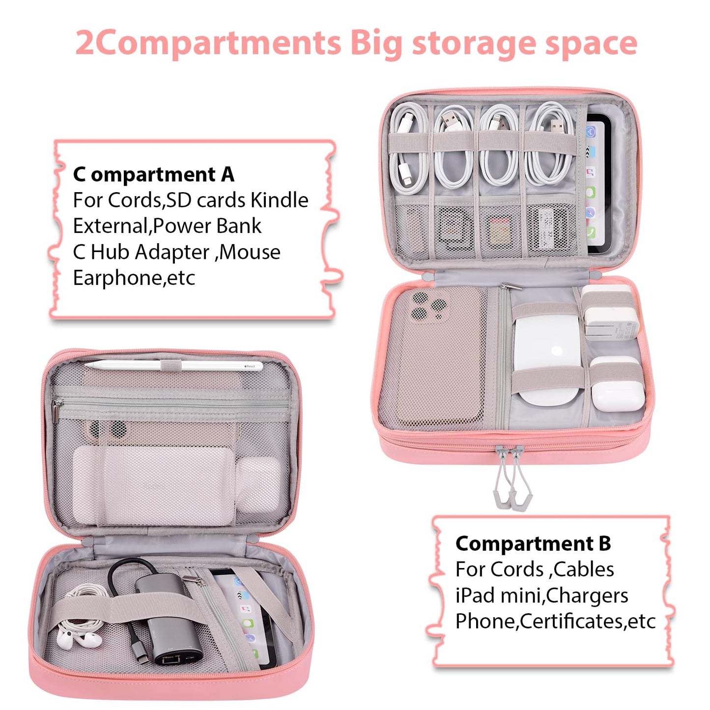 DDgro Electornics Travel Organizer Case for Cable/Cords/Charger/Tech Accessories, Large Pouch Bag for Woman (Pink, PU-Large)