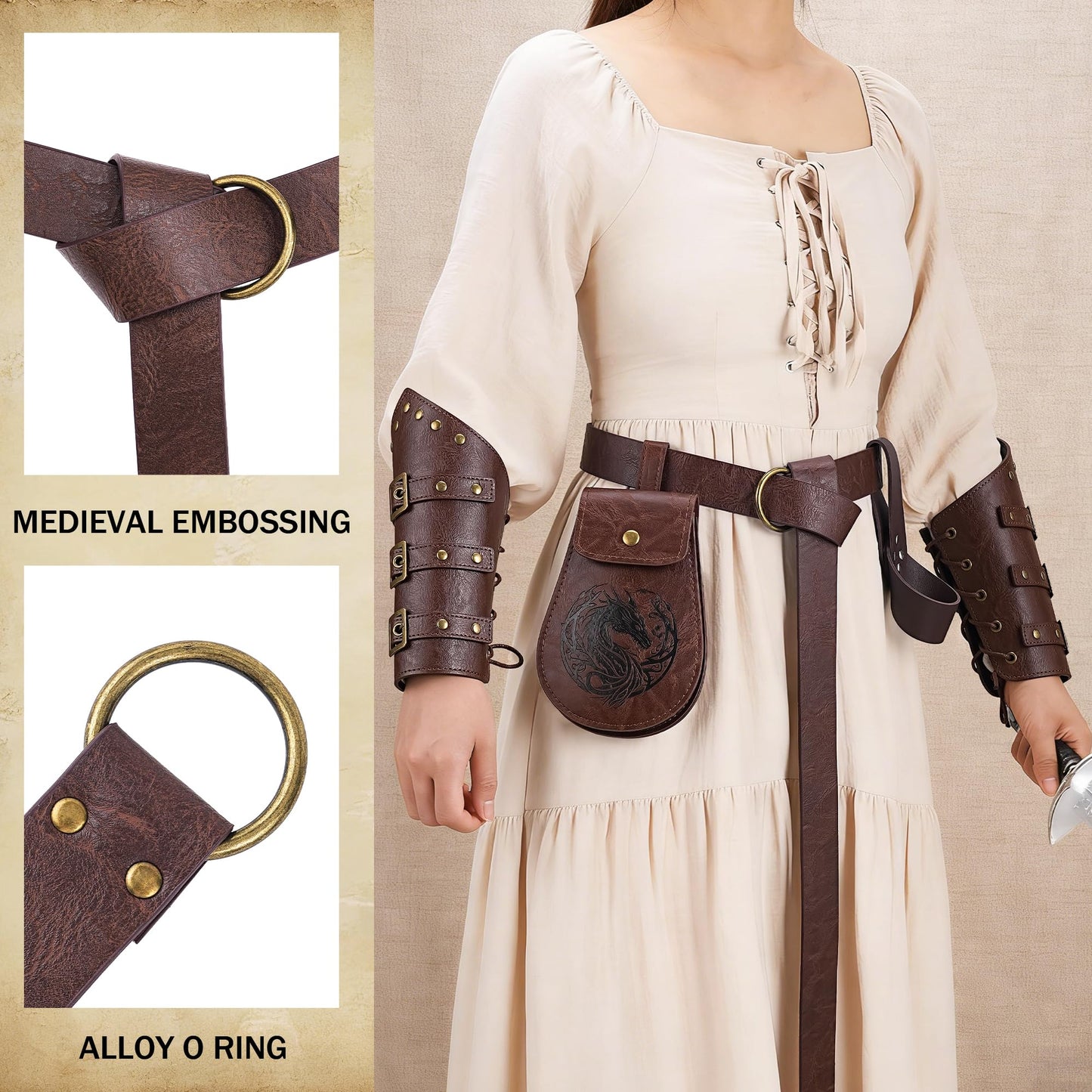 Leadinor 5 Pcs Renaissance Accessories, Medieval Viking Belt Pouch Leather Bracers Sword Frog for Halloween Costume (Brown)