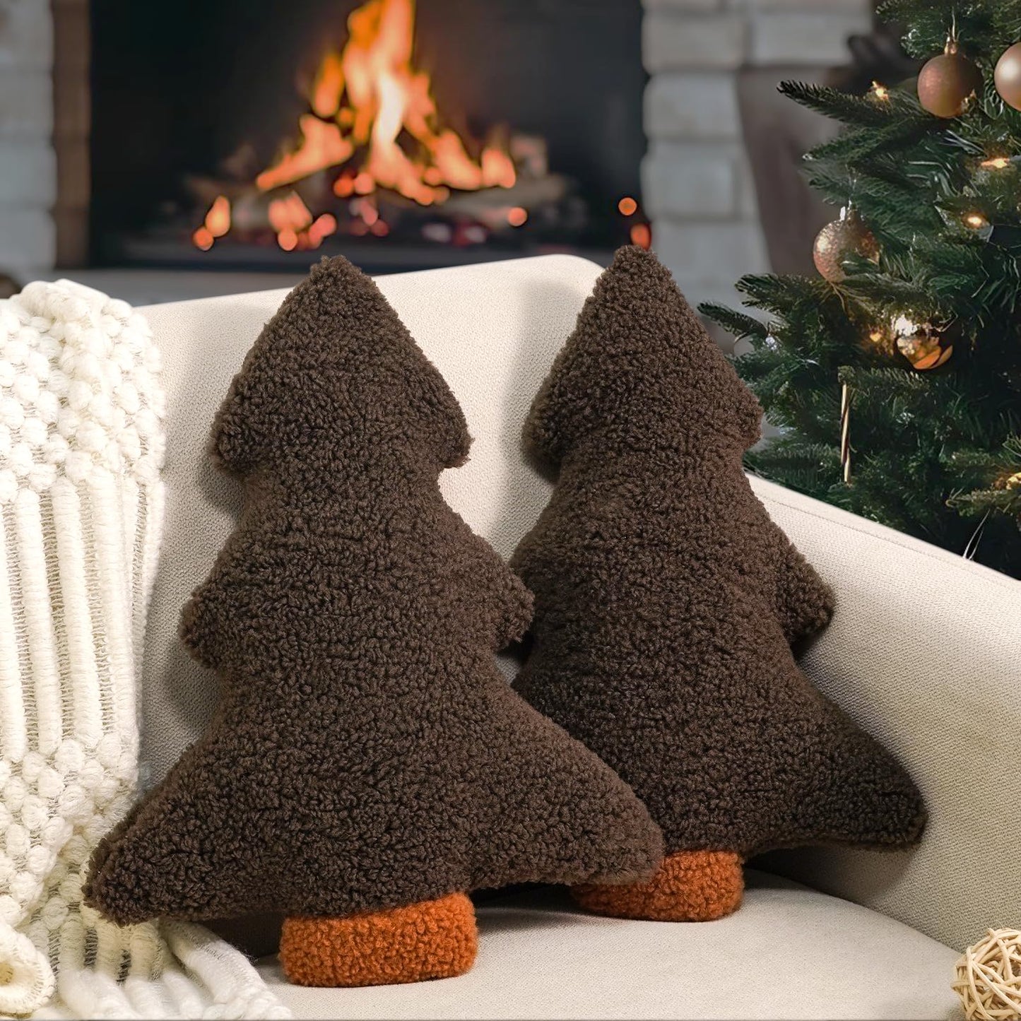 Artmag Christmas Pillows, Decorative Christmas Tree Pillow Set of 2 Stuffed Tree Shaped Plush Pillow for Holiday Party Sofa Living Room Decoration (13" x 10.5", Brown)
