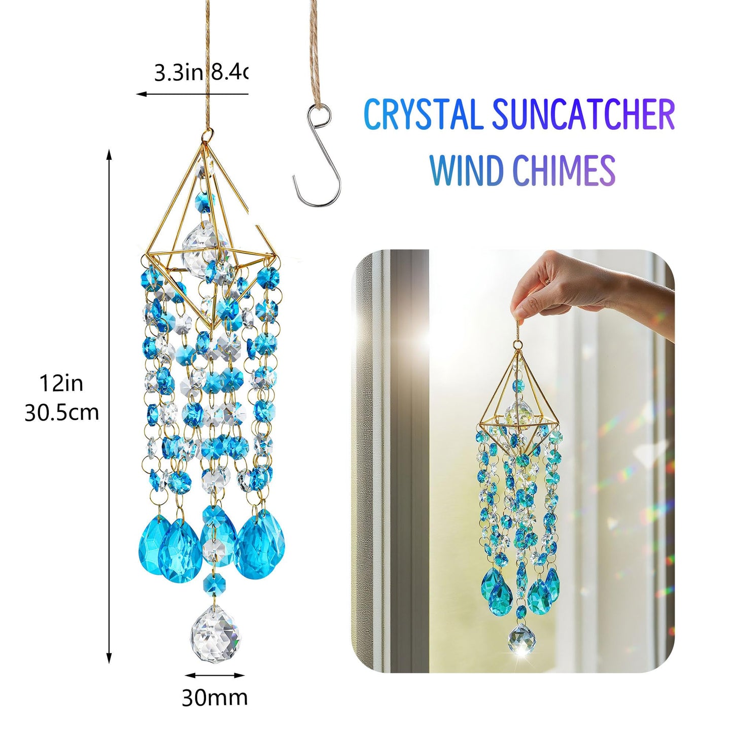 HDCRYSTALGIFTS 21.5'' Crystal Suncatchers, Handmade Blue Suncatcher for Window Hanging Crystal Wind Chimes Gold-Plated Sun Catcher with Crystals Indoor Outdoor Decoration Rainbow Maker