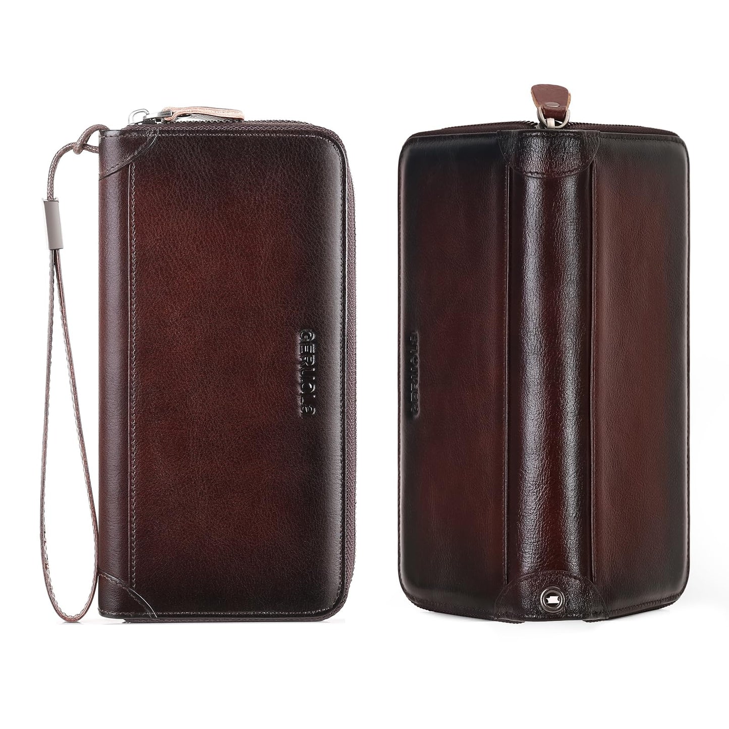 Men's Genuine Leather Zipper Wallet with RFID Blocking, Phone Pocket，Long Zipper Pouch Wallet (Coffee)