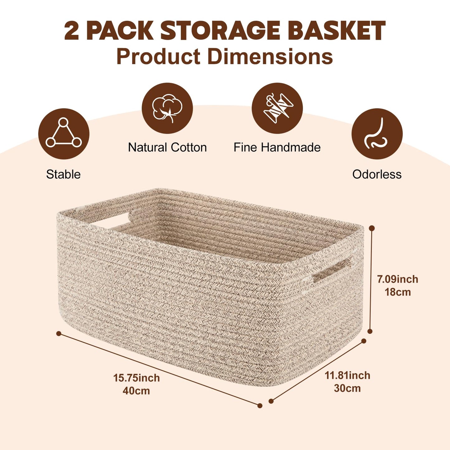 OIAHOMY Storage Basket for Shelves, Closet Cube Storage Bins Baskets for Clothes Blanket Towels, Baby Nursery, Toy Baskets Box, Woven Rope Basket, 15.75 * 11.81 * 7.09 IN, 2 Packs Brown