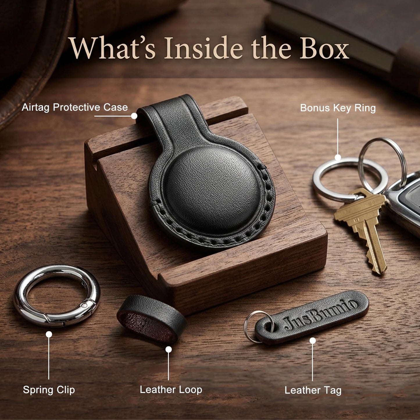 JusBumio Handcrafted Full Grain Veg-Tanned Leather Holder Compatible with Apple AirTag 2nd & 1st Gen, Full-Wrap Secure Keychain Case, Discreet Leather Air Tag Keychain for Keys, Bags & Luggage