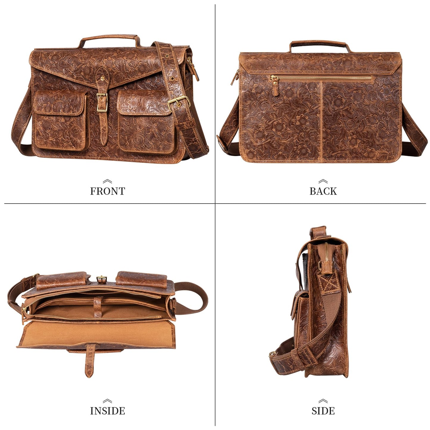 Gexmil Leather Messenger Bag for Men Women, Top Grain Leather, Laptop Briefcase Bag For College Office Business Travel, Adjustable Shoulder Strap, Flower Brown