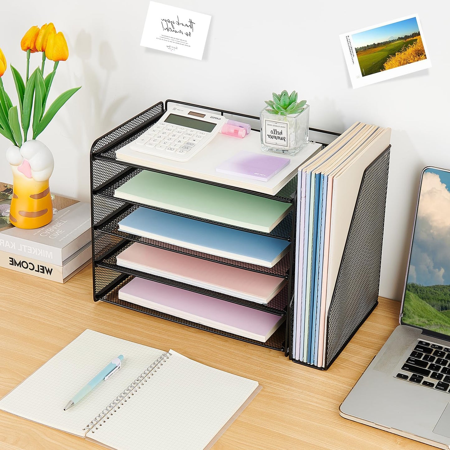 OPNICE Desk Organizer, 5-Tier Paper Organizer Letter Tray with Magazine Holder, Office Desk Accessories & Workspace Organizers, Desktop File Organizer for Office Supplies Storage, Black