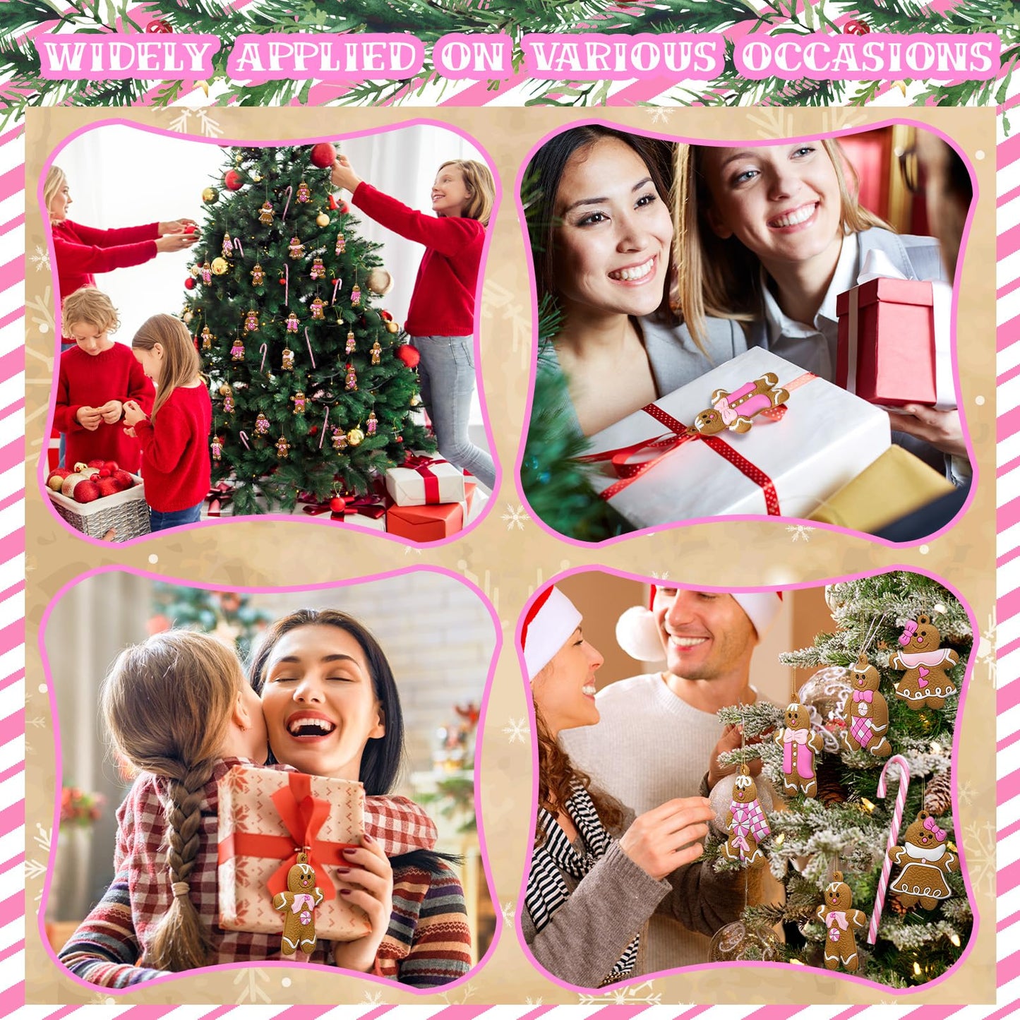 Zhanmai 36 Pcs Gingerbread Man Ornaments for Christmas Tree Hanging Christmas Candy Cane Decorations for Xmas Tree Home Holiday Party Decor (Pink)