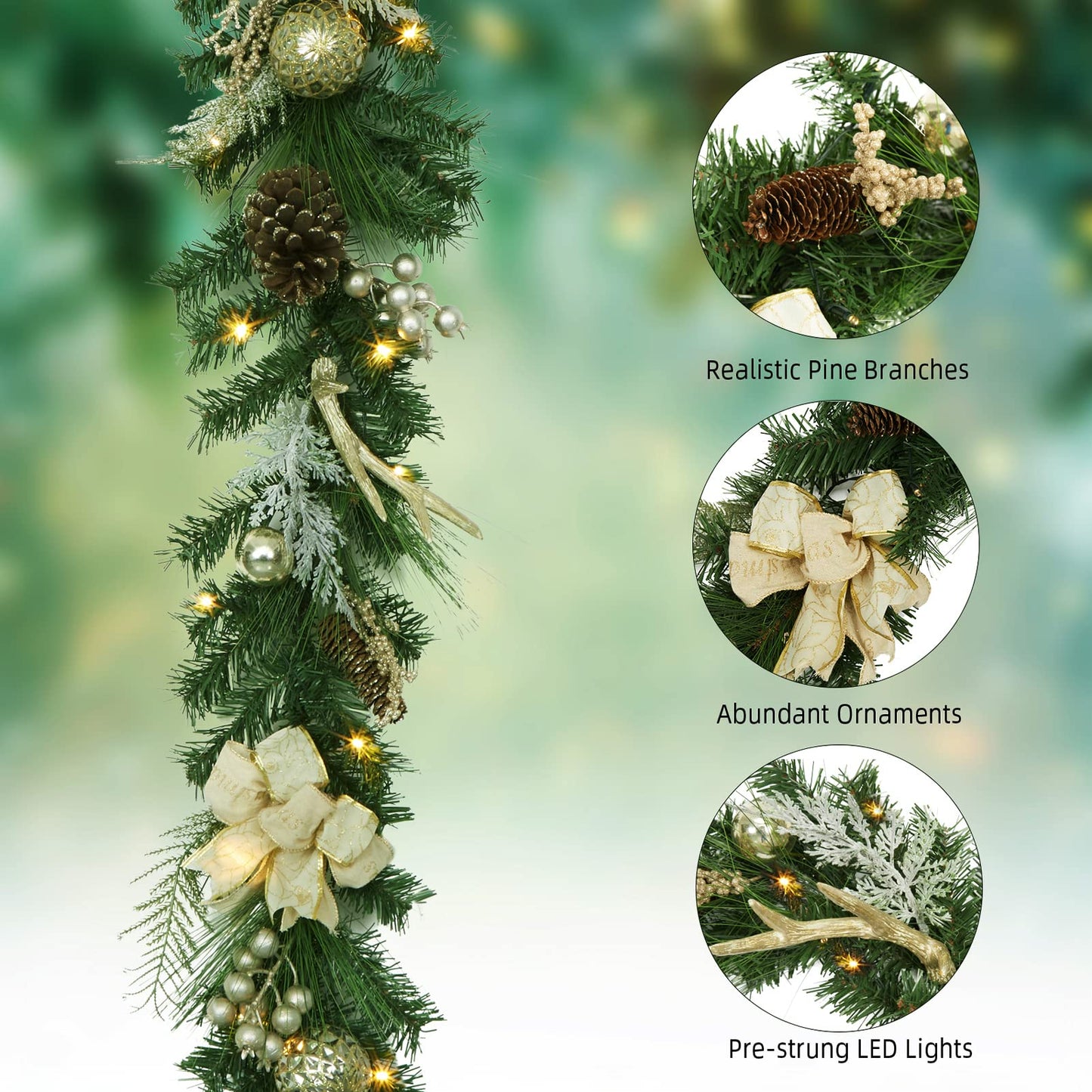Adeeing 6 FT Christmas Garland with Lights, Pre-lit Outdoor Garland with Battery Operated 20 LED Lights, Holiday Garland with Stars, Flower, Berry Branches(Gold)