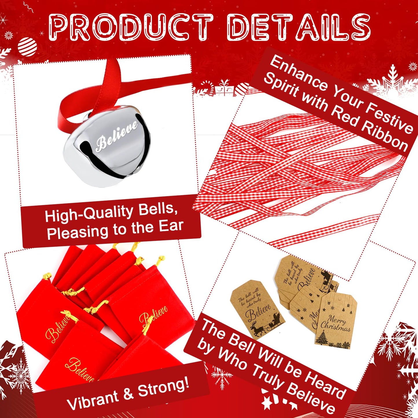Christmas Believe Bell Ornaments, Polar Express Bell, Silver Sleigh Bell, Christmas Tree Bell Decoration Holiday Treat Gifts for Kids & Adults