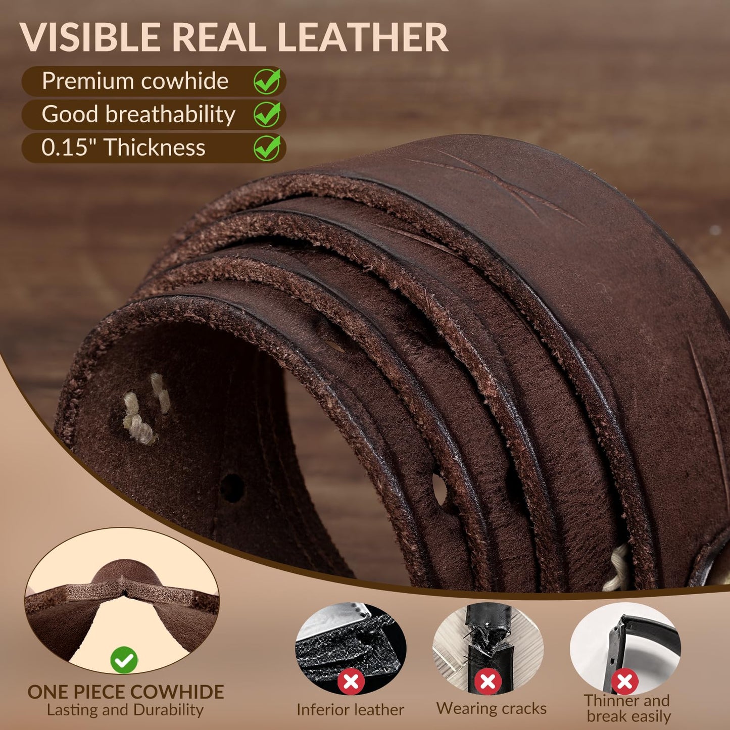 OZNDAS Real Leather Belts for Men Work Heavy Duty Double Prong Men's Belt Jeans Casual Mens Belts Leather Christmas Gifts Coffee Mens Leather Belt with Gold Buckle