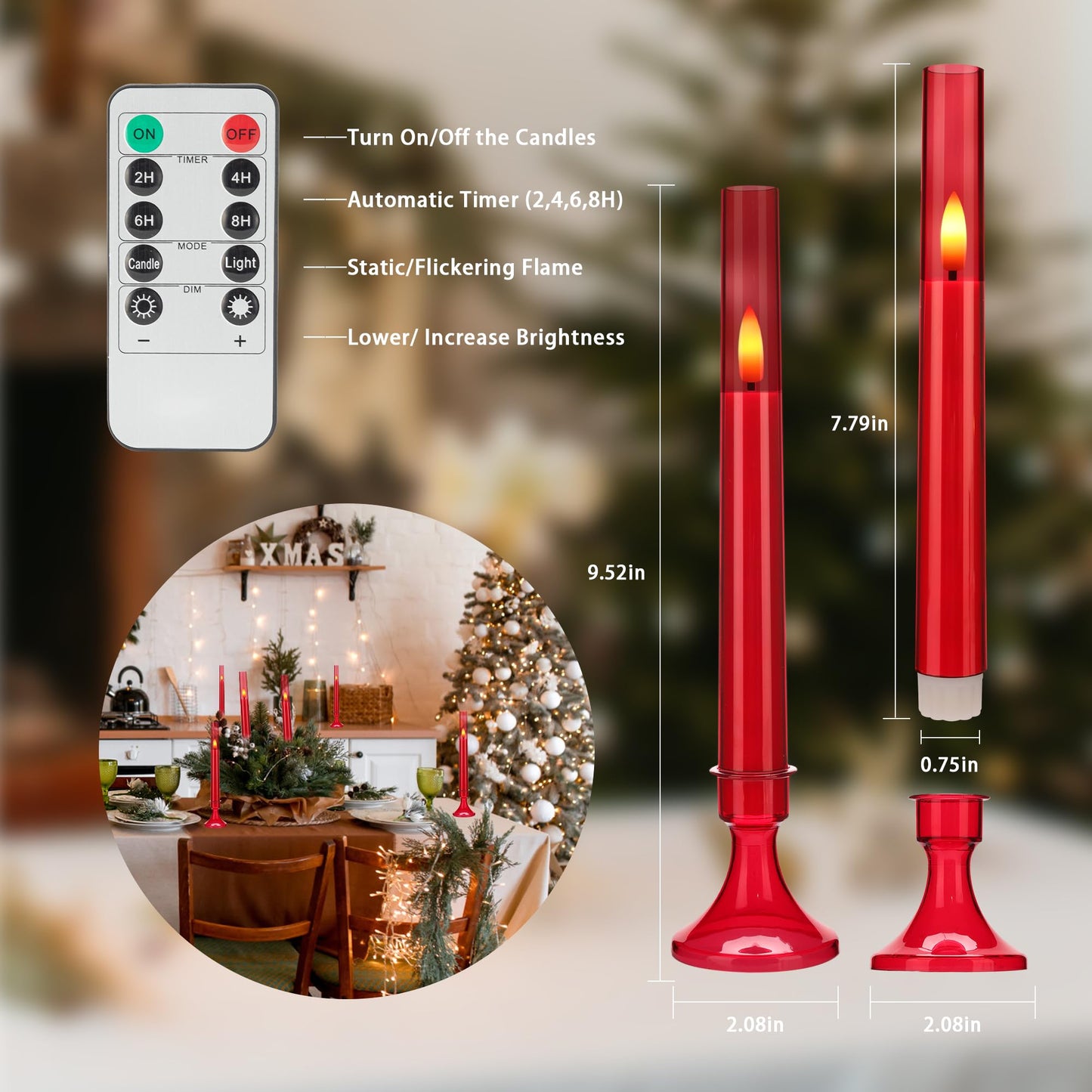 SEHNSY Red Flameless Taper Candles with Remote and Timer,Valentine Flameless Candles with Holders, 6 Pack LED Battery Operated Candlesticks 9.25"x0.75" for Valentine’s Day, Christmas