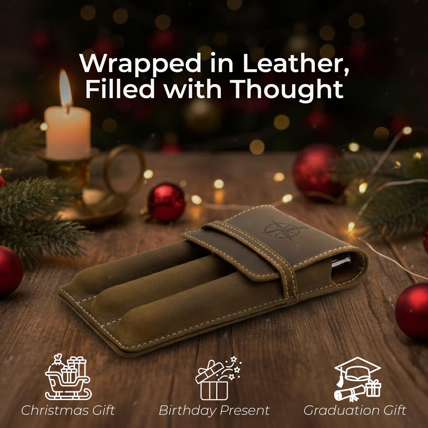 WANDERINGS Vintage Leather 3-Slot Pen Pouch – Handcrafted Brown Pen Case – Individual Leather Pen Sleeves for Fountain Pens, Rollers & Ballpoints – Pen Holder for Men and Women – 3.4" x 6" x 0.8"