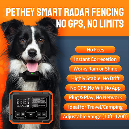 PETHEY Wireless Dog Fence System, Indoor & Outdoor, 1 Acre High-Precision Radar Wireless Dog Fence System, Real-time Monitoring, 9-26in Medium & Large Breeds, Not Limited by GPS Signal (for Two Dogs)