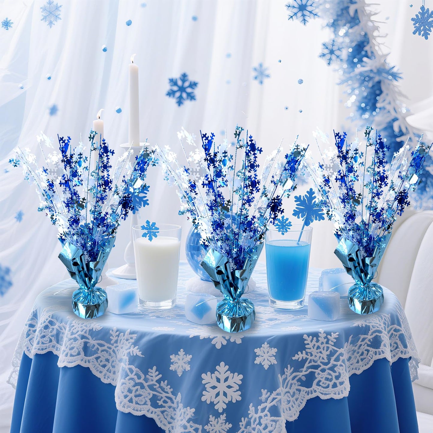 FUBININA 6 Pack Winter Wonderland Snowflake Table Decoration Metallic Blue White Glitter Foil Spray Tabletop Centerpieces for Winter Christmas Xmas Frozen Birthday Wedding Baby Party Supplies Decor