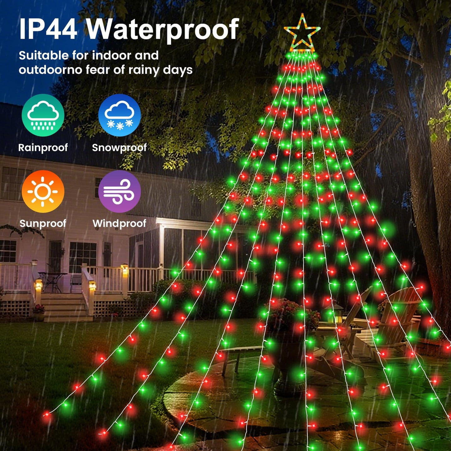 Christmas Decorations Outdoor, 11.5 ft 317 LED Star Christmas Tree Lights, 8 Memory Lighting Modes&Timer Star Light for Yard, Wedding, Party, Decorations（Red+Green）