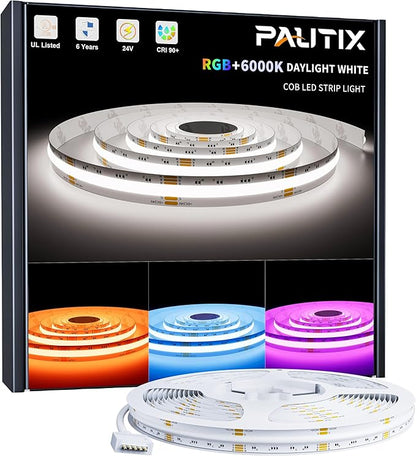 PAUTIX RGBW 6000K COB LED Strip Light 24ft/7.5m,UL Listed 24V Color Changing Tape Lights with 896LEDs/m Multicolor Flexible for TV,Bedroom,Party DIY Decoration(Power Supply & Controller Not Included)