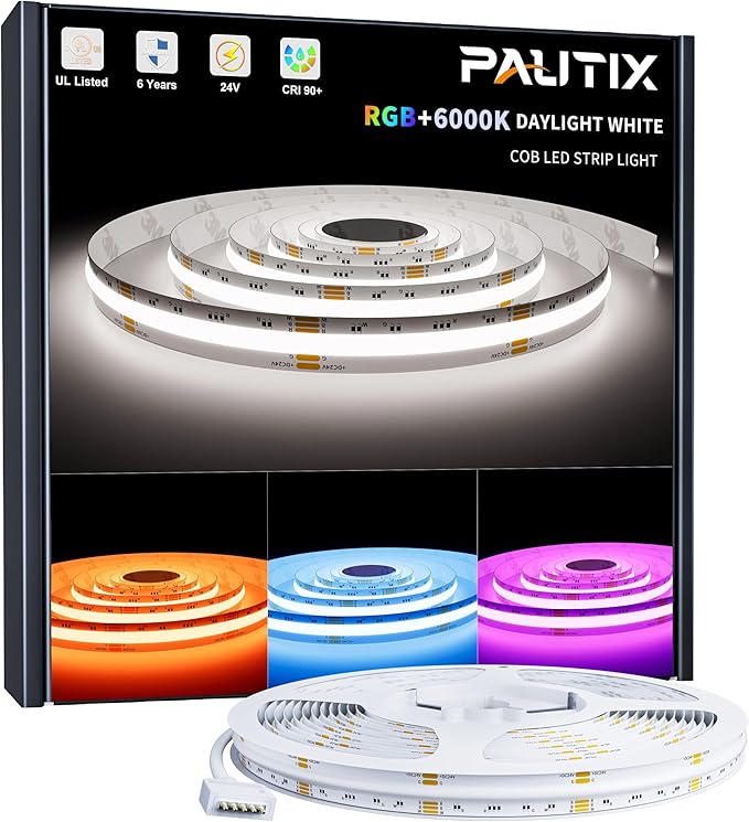 PAUTIX RGBW 6000K COB LED Strip Light 20ft/6.1m,UL Listed 24V Color Changing Tape Lights with 896LEDs/m Multicolor Flexible for TV,Bedroom,Party DIY Decoration(Power Supply & Controller Not Included)