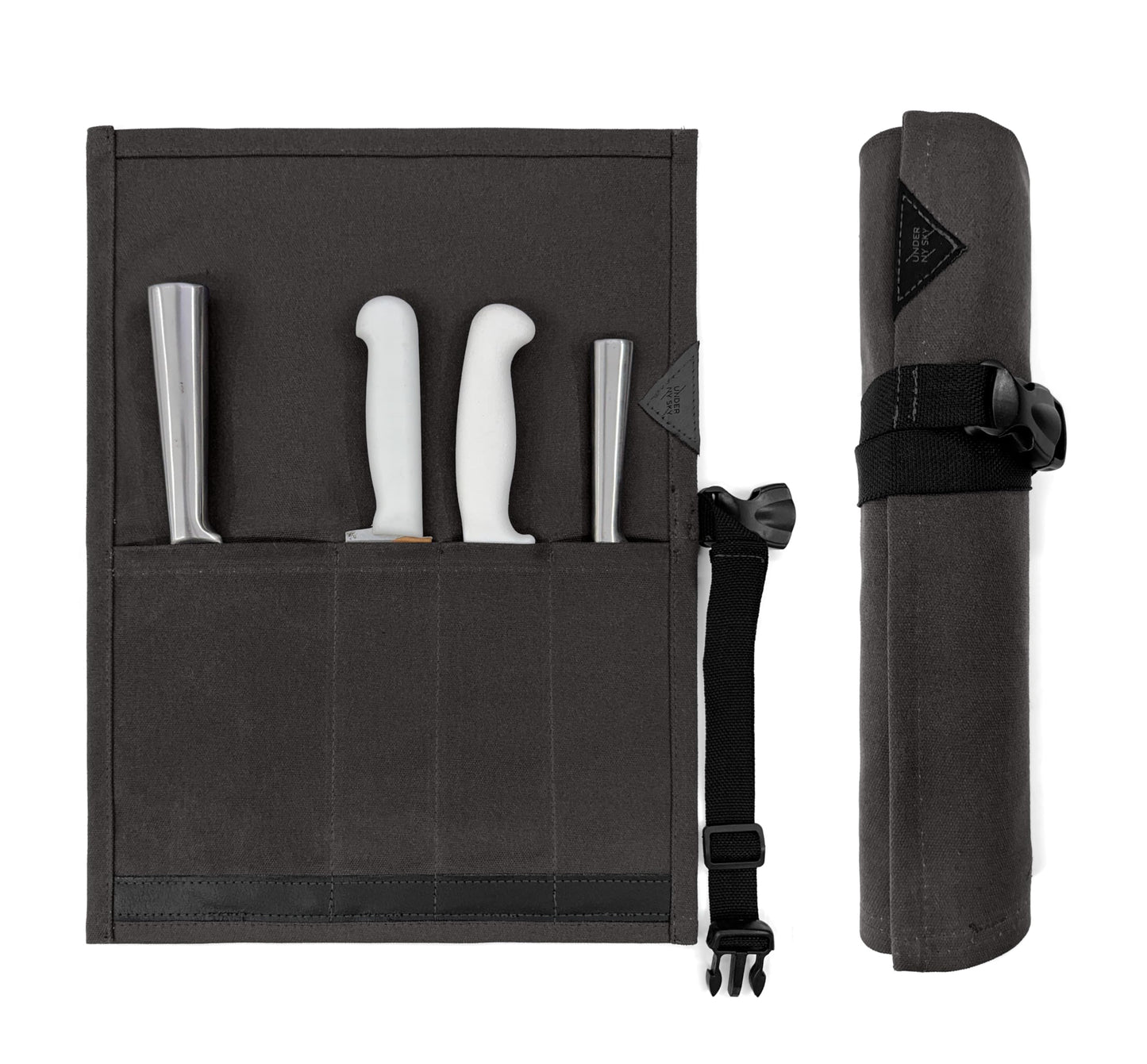Under NY Sky Knife Roll Case - 4 Slots - Heavy Duty Waxed Canvas Pouch - Leather Reinforced - Portable Bag for Cooking Tools, Utensils, Cutlery Knives, Brushes - Chefs, Kitchen, Travel, Gift - GrayCV