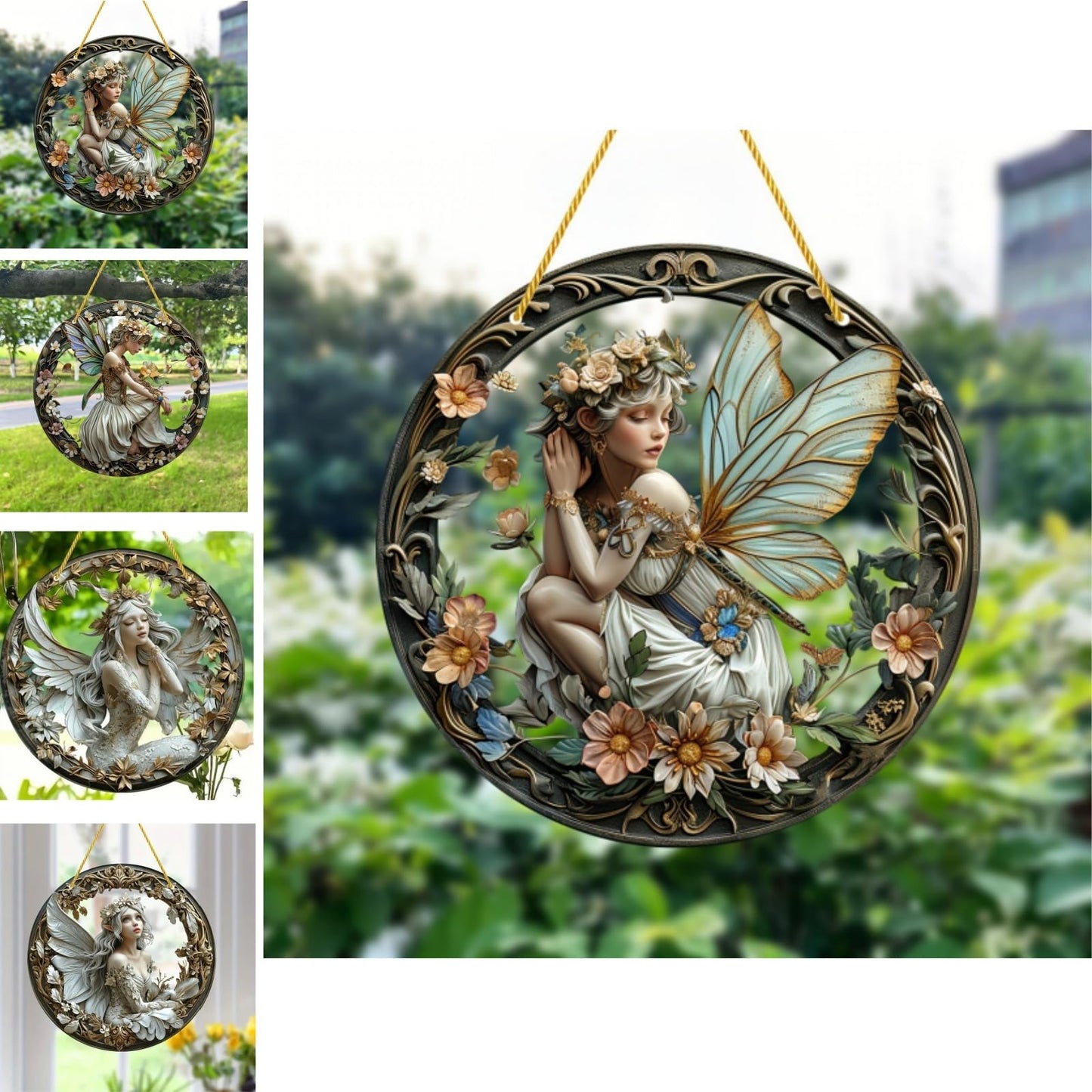 VTYFRY Flower Fairy Garden Decorations Angel Wing Christmas Halloween Deco Statue Art Elf Sculpture Hanging Craft for Outdoor Yard Courtyard Lawn Patio Window Acrylic Ornament Home Gift (A,S: 6*6 IN)