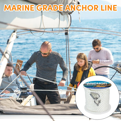 Anchor Rope 100 ft X 1/2 inch, 3-Strand Twisted Nylon Anchor Line, Boat Rope with Stainless Steel Thimble and Shackle for Boating, Anchoring, Mooring,Pulling (White)