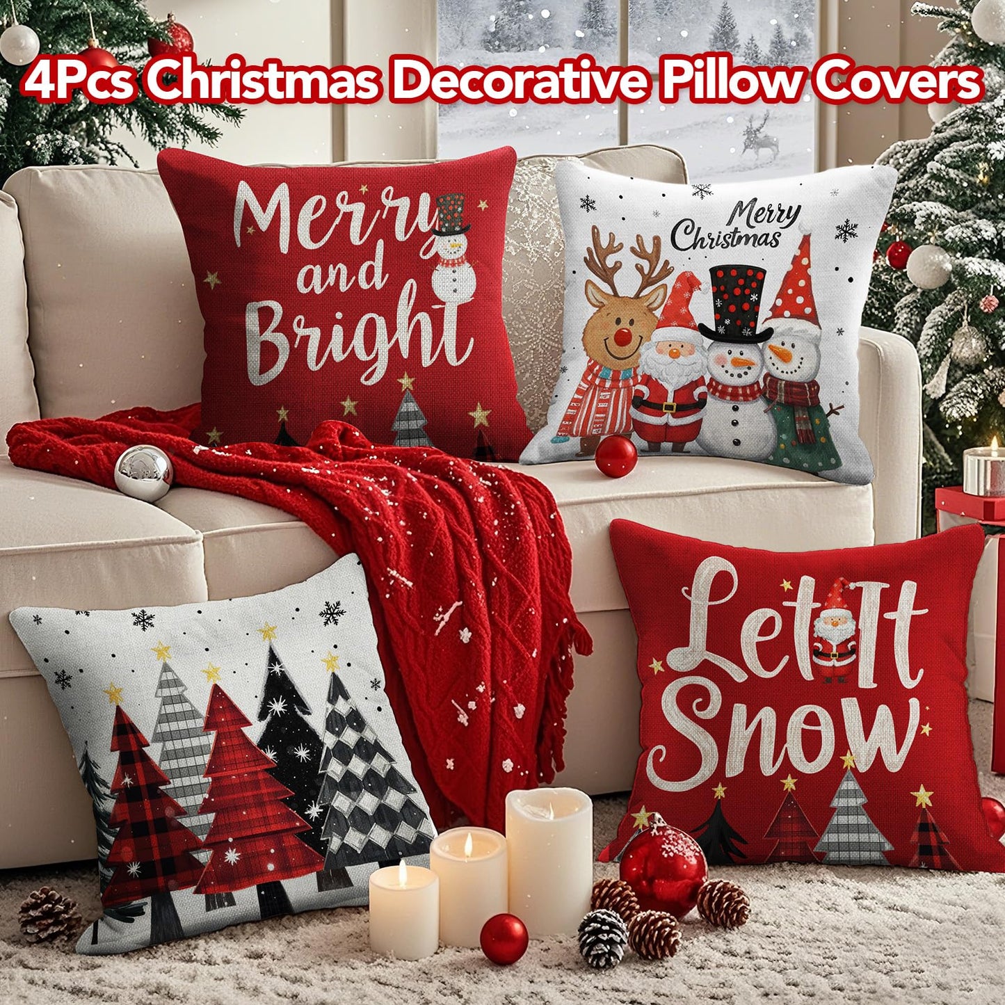 UPOFFICIS Christmas Pillow Covers 18x18 inch Set of 4, Christmas Decorations Cushion Covers, Xmas Pillow Covers, Pillowcases Throw Pillow Covers for Sofa Couch Home Decor