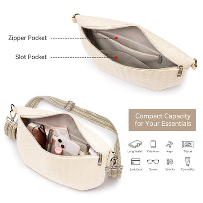 KALIDI Woven Crossbody Bags for Women Travel Vegan Leather Fanny Packs for Woman Cross Body Purse Fashion Belt Bum Bag with Wide Strap