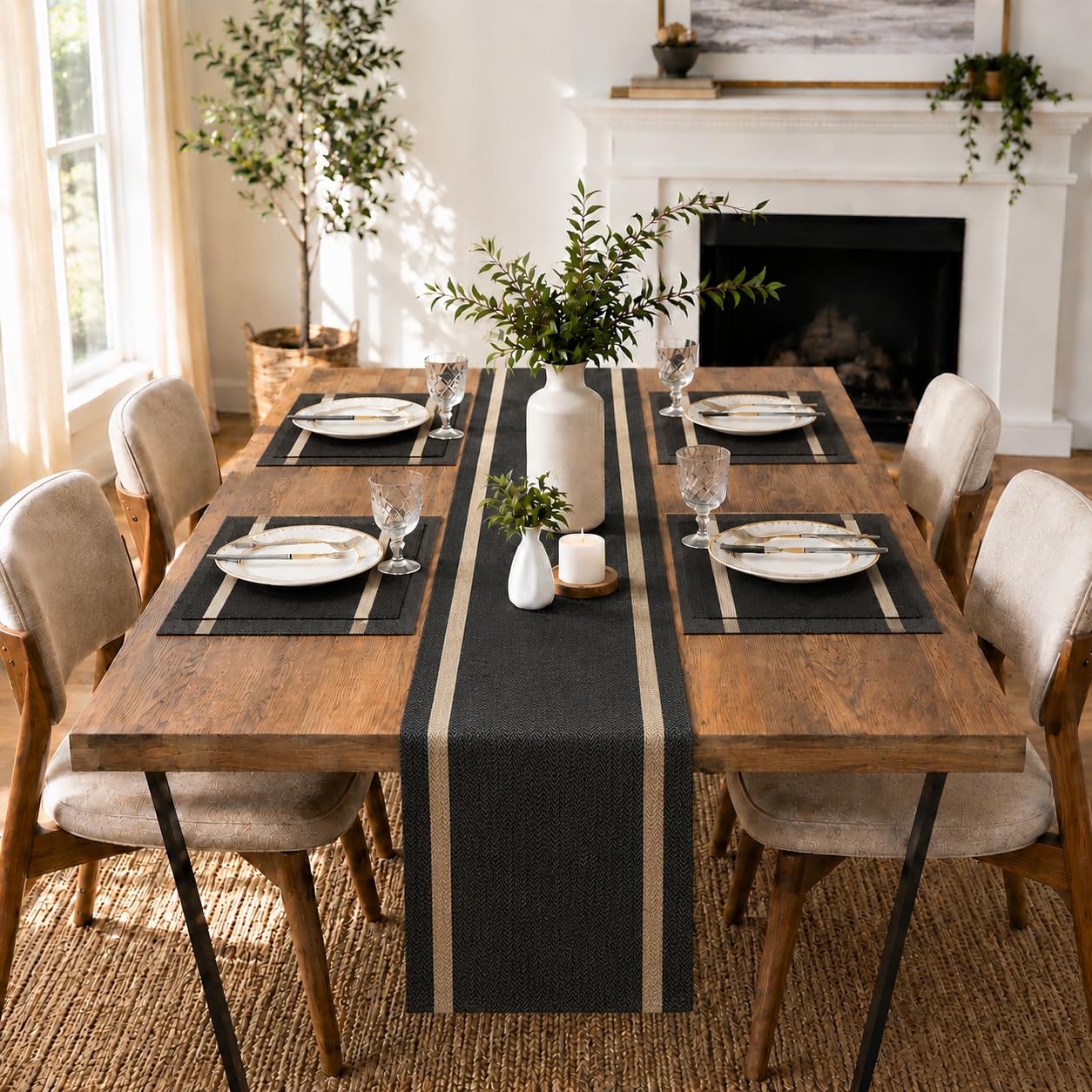 FAVE Woven Vinyl Table Runner Black Table Runner Woven with Golden Threads 72x12 Inches Wipeable Waterproof Dining Table Mats for Wedding, Banquets,Party, Restaurant (Black-72x12)