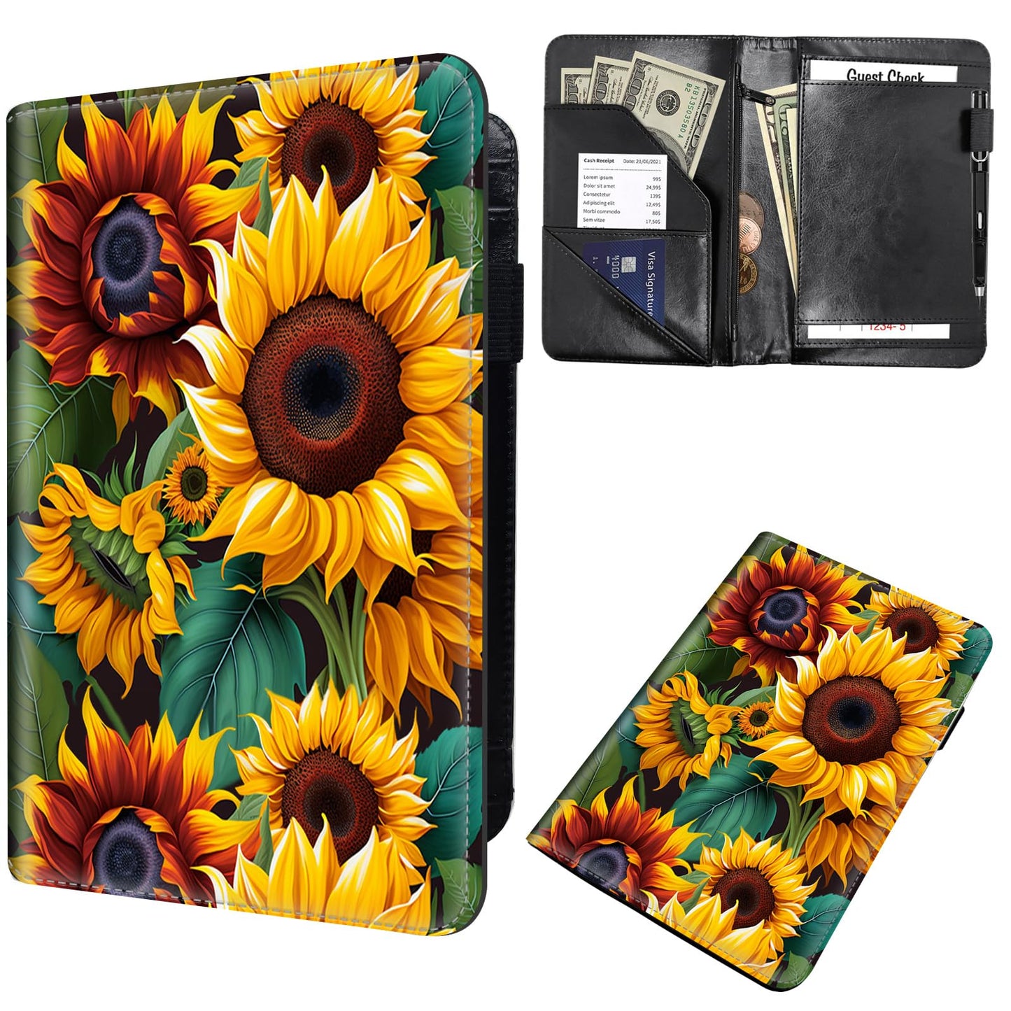 Server Books for Waitress,Leather Waiter Book Server Wallet with Zipper,Cash Check Bill Receipt Holder Presenter,for Bartender,Waiter,Waitress Accessories,Server Apron,Beautiful Sunflower