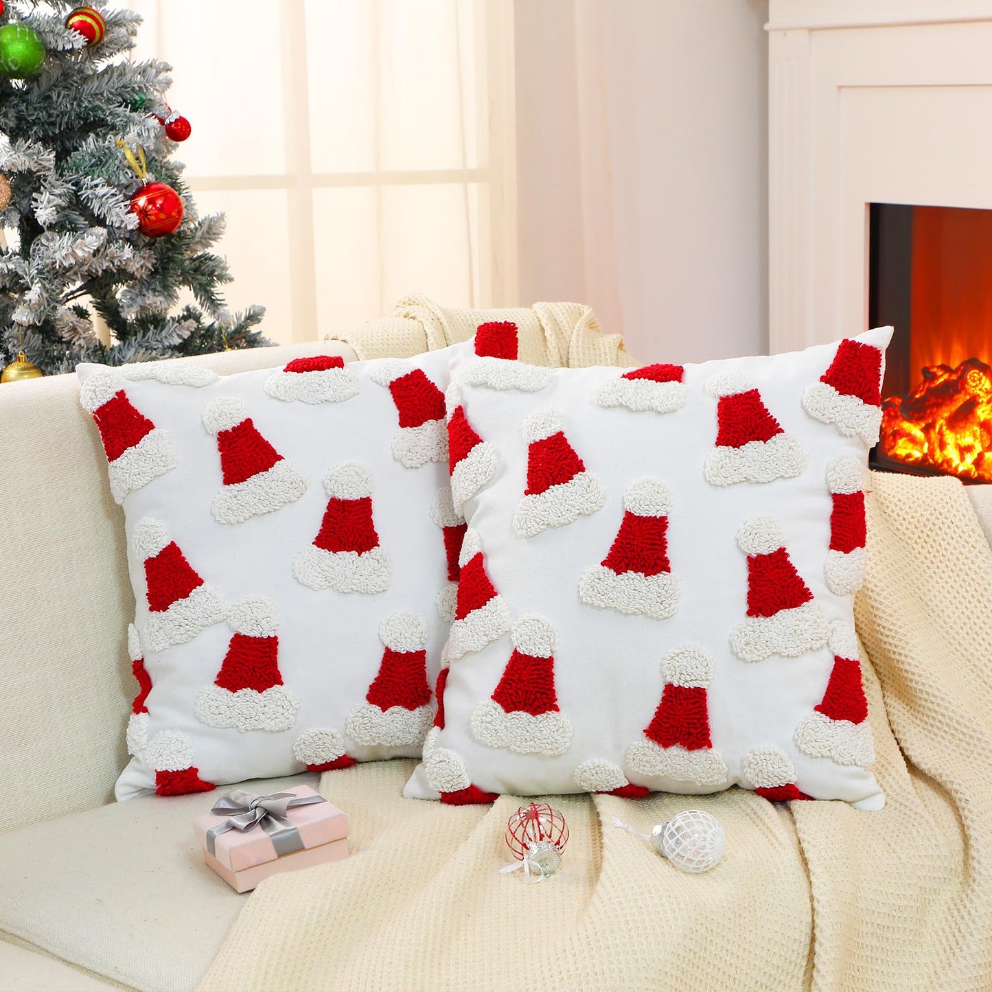 Mixweer 2 Pcs Tufted Christmas Throw Pillow Cover 18 x 18 Inch Santa Hat Pillow Covers 3D Xmas Pillows Case Decorative Soft Cushion Cover for Sofa Couch Bed Room