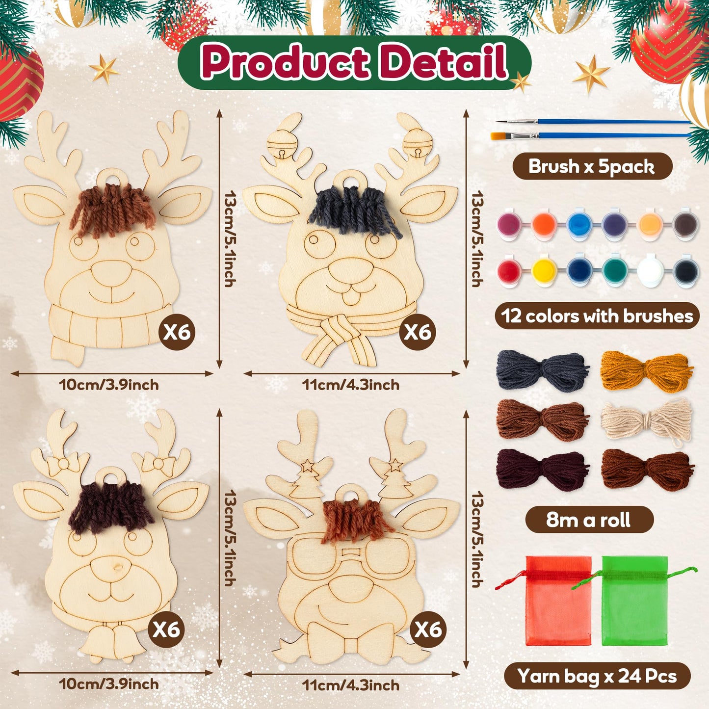 WATINC Wooden Christmas Reindeer Craft Kits - 24PCS Paint You Own Painting Art Work, Unfinished Deer Wood Slices Crafts Party Favor Supplies, DIY Reindeer Hanging Ornament Decoration for Boys Girls