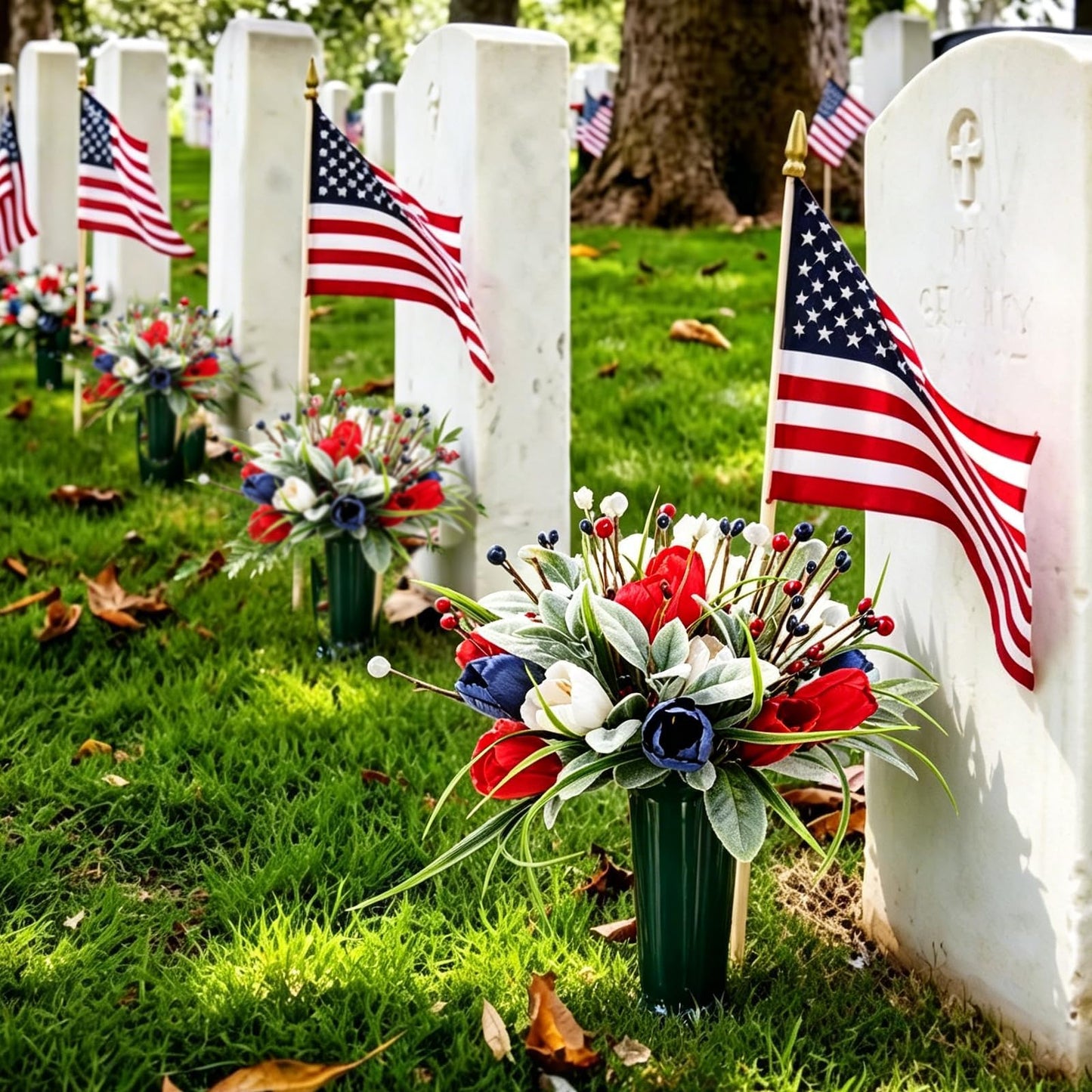 Memorial Day Flowers for Cemetery 2 Sets Artificial Patriotic Cemetery Flowers Red White Blue Roses with Berries & Lamb's Leaves for 250th Anniversary USA 4th of July Memorial Day Grave Outdoor Decor