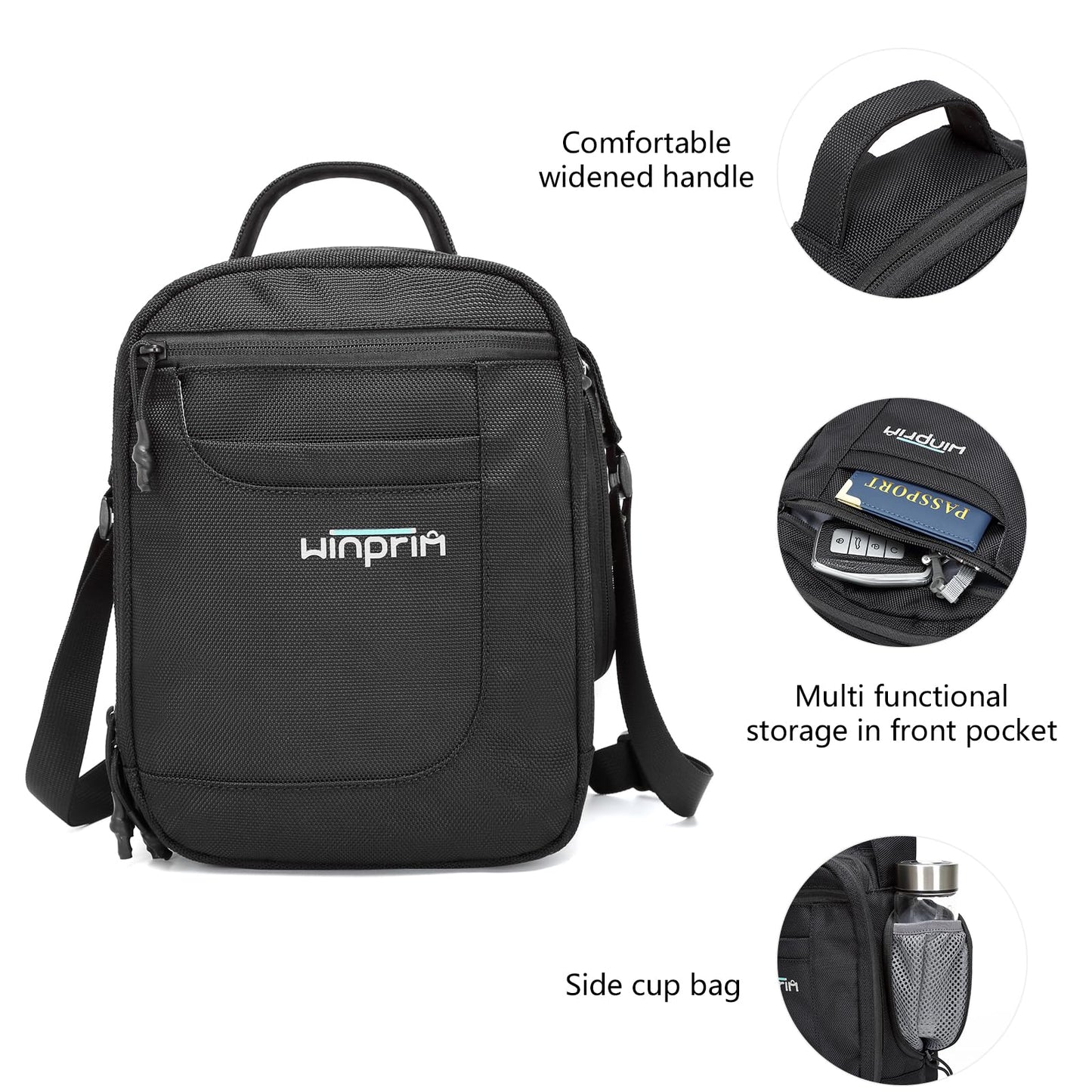 WINPRIM Small Crossbody Bag for Men & Women, Mini Messenger Shoulder Bag for Travel, Phone & Passport, Water-Resistant Canvas Satchel for Everyday Use, 10.4'' x 4.7'' x 7.8''