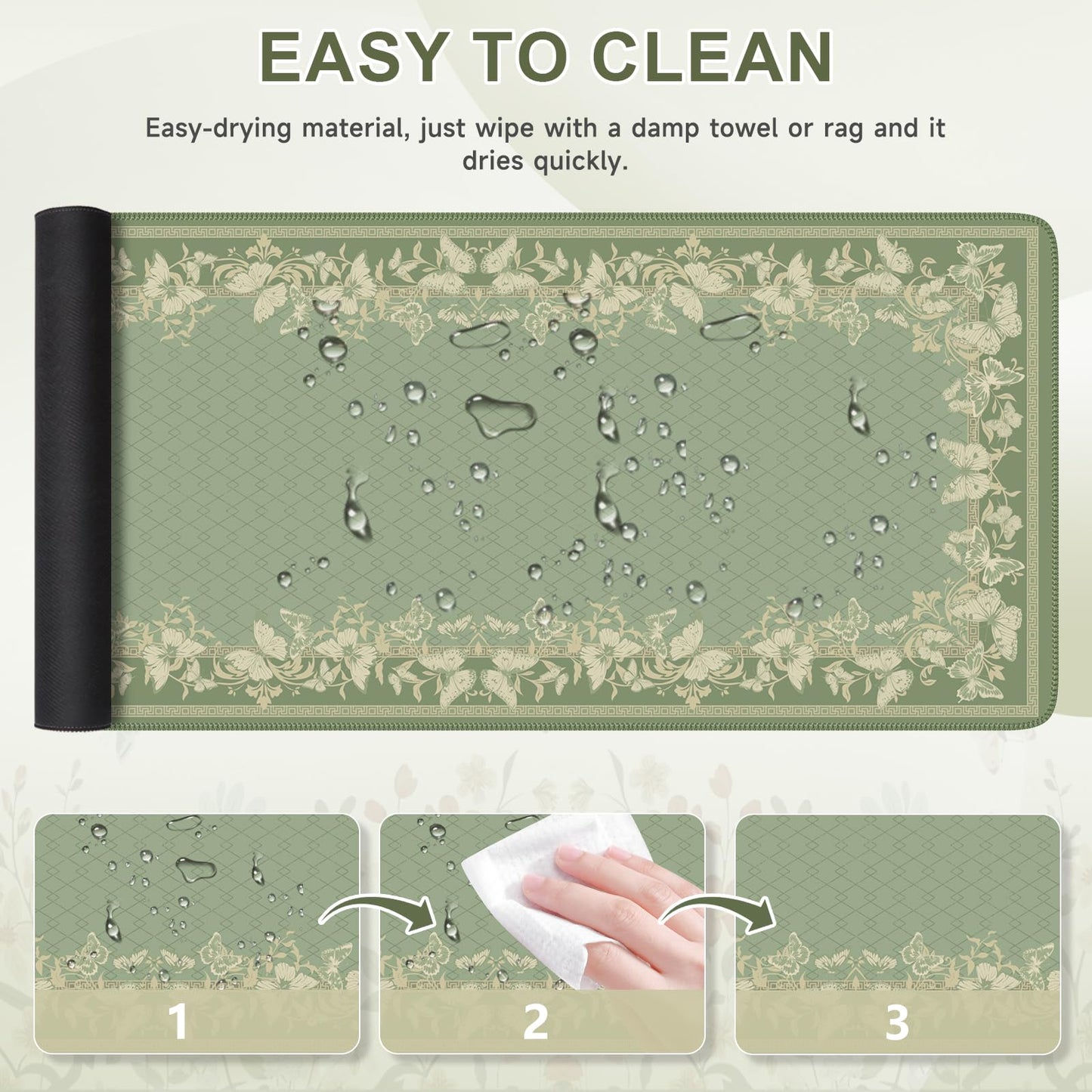 iCasso Floral Desk Mat for Keyboard and Mouse,Cute Gaming Mouse Pad XXL,Anti-Slip Desk Matt for Desktop,Soft Lycra Surface Computer Mat Women,Girly Big Mousepad for Home Office (Light Green)