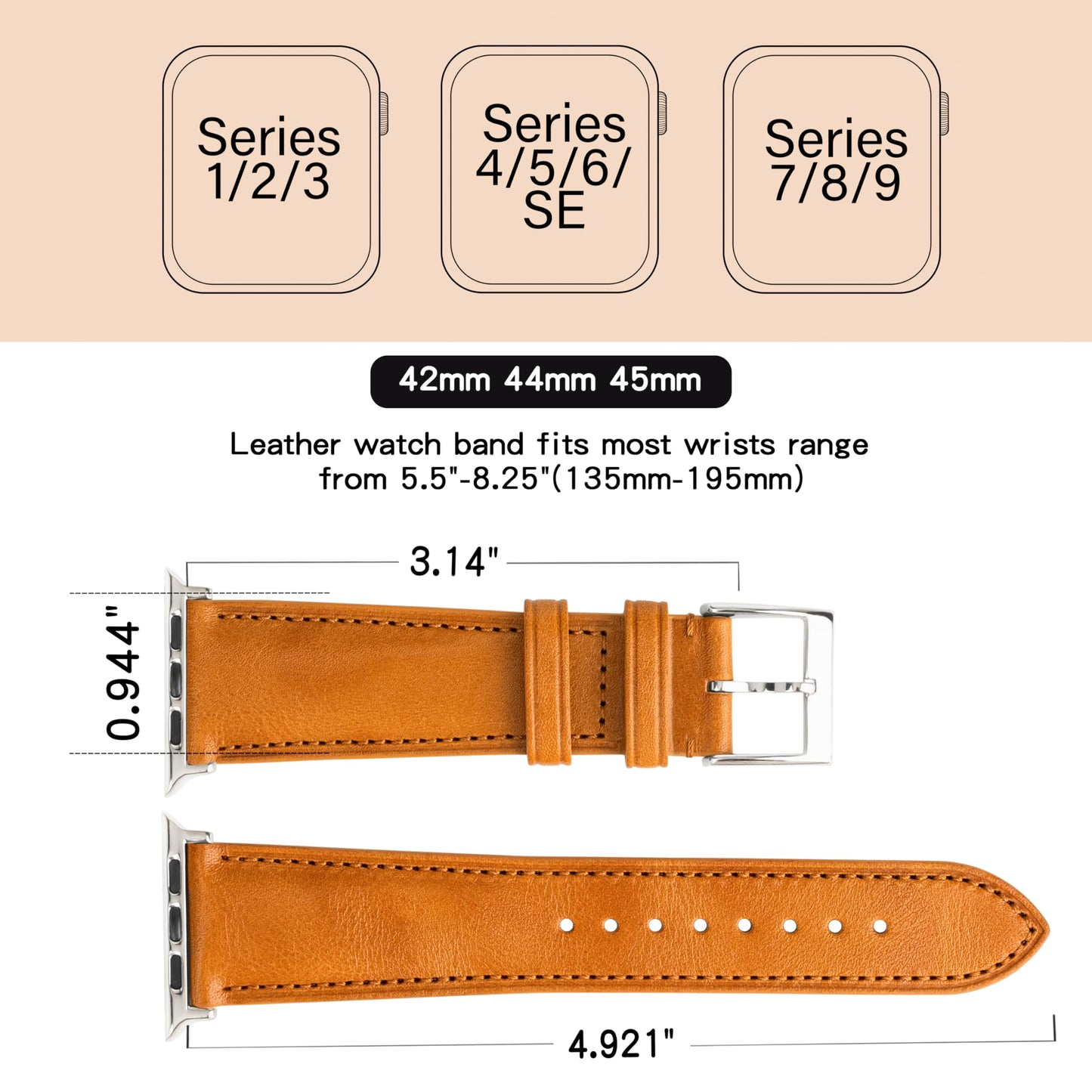 Gomvadr Leather Bands Compatible with Mens Apple Watch Band 42mm 44mm 45mm, Replacement Band Leather Strap for Men's iWatch Series 9 8 7 6 5 4 3 2 1 SE3/2/1 (Yellow/Silver Buckle, 45mm/44mm/42mm)